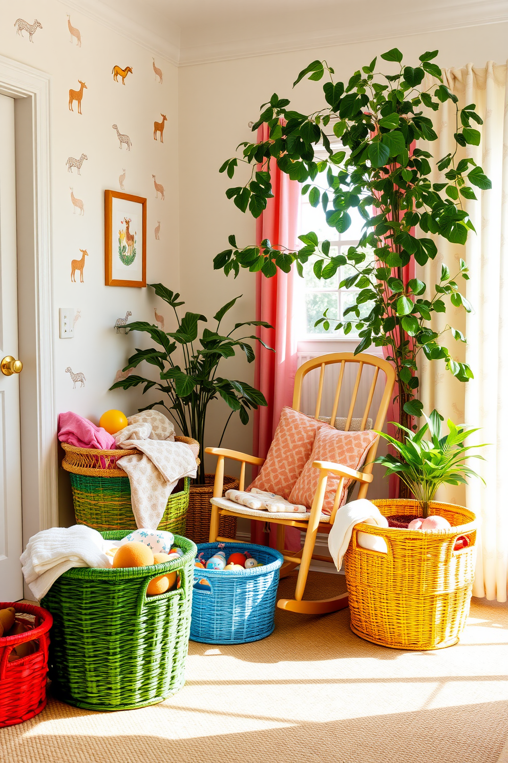 Colorful storage baskets in a summer nursery create a vibrant and cheerful atmosphere. The baskets are filled with toys and blankets, adding a playful touch to the room's decor. The nursery features soft pastel walls adorned with whimsical animal prints. A cozy rocking chair sits in the corner, surrounded by lush greenery and bright, natural light.