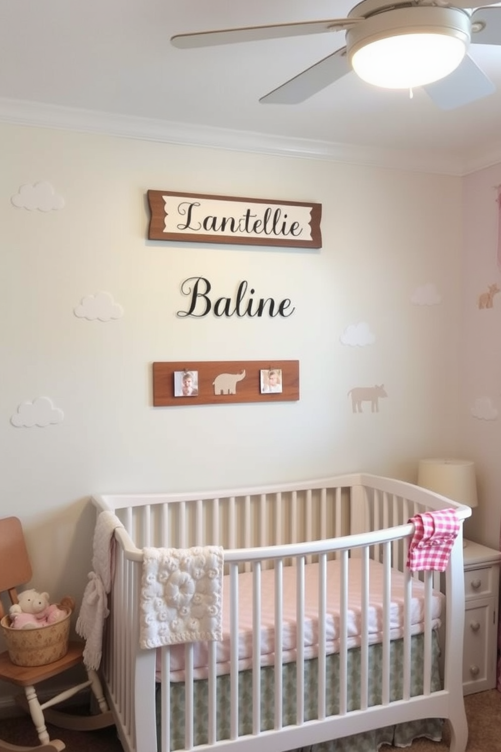 A charming nursery featuring a personalized name sign above a cozy crib. The walls are painted in soft pastel colors, creating a serene atmosphere perfect for a baby. Fluffy clouds and playful animal decals adorn the walls, adding a whimsical touch. A comfortable rocking chair sits in the corner, accompanied by a small side table for nighttime essentials.