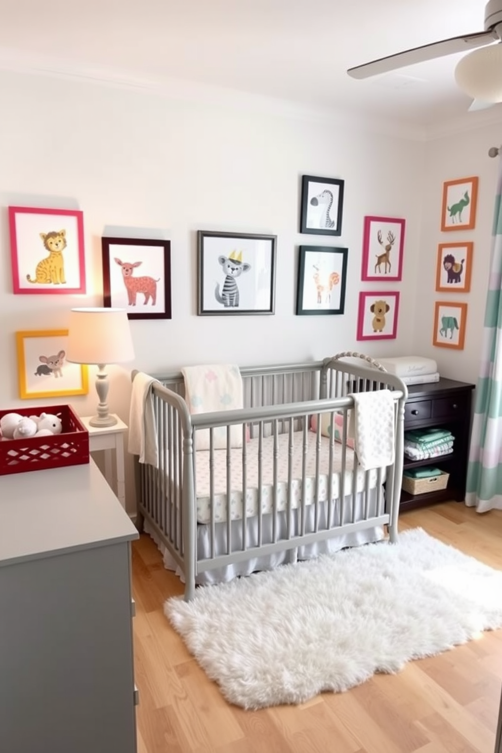 A bright and airy nursery filled with cheerful animal prints in colorful frames adorning the walls. The room features a cozy crib with soft pastel bedding and a plush rug on the light hardwood floor.