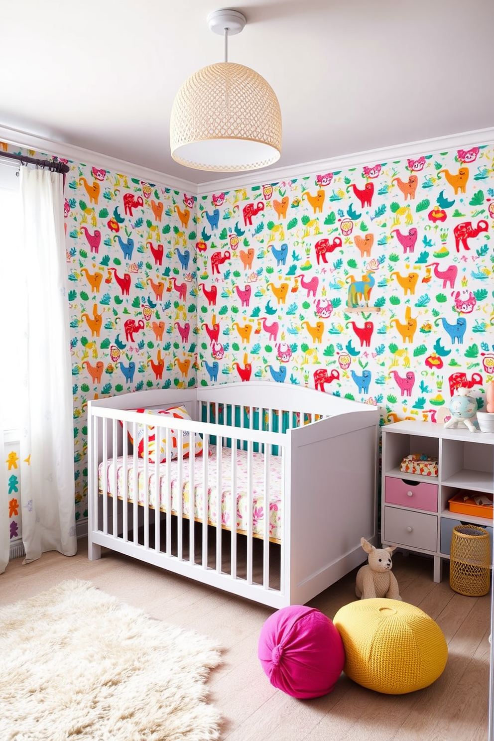 A vibrant nursery filled with playful energy. The walls are adorned with lively patterned wallpaper featuring colorful animals and whimsical shapes, creating an inviting atmosphere for children. Soft pastel furniture complements the cheerful design. A cozy crib sits against the wall, surrounded by plush rugs and bright accents that enhance the playful ambiance.