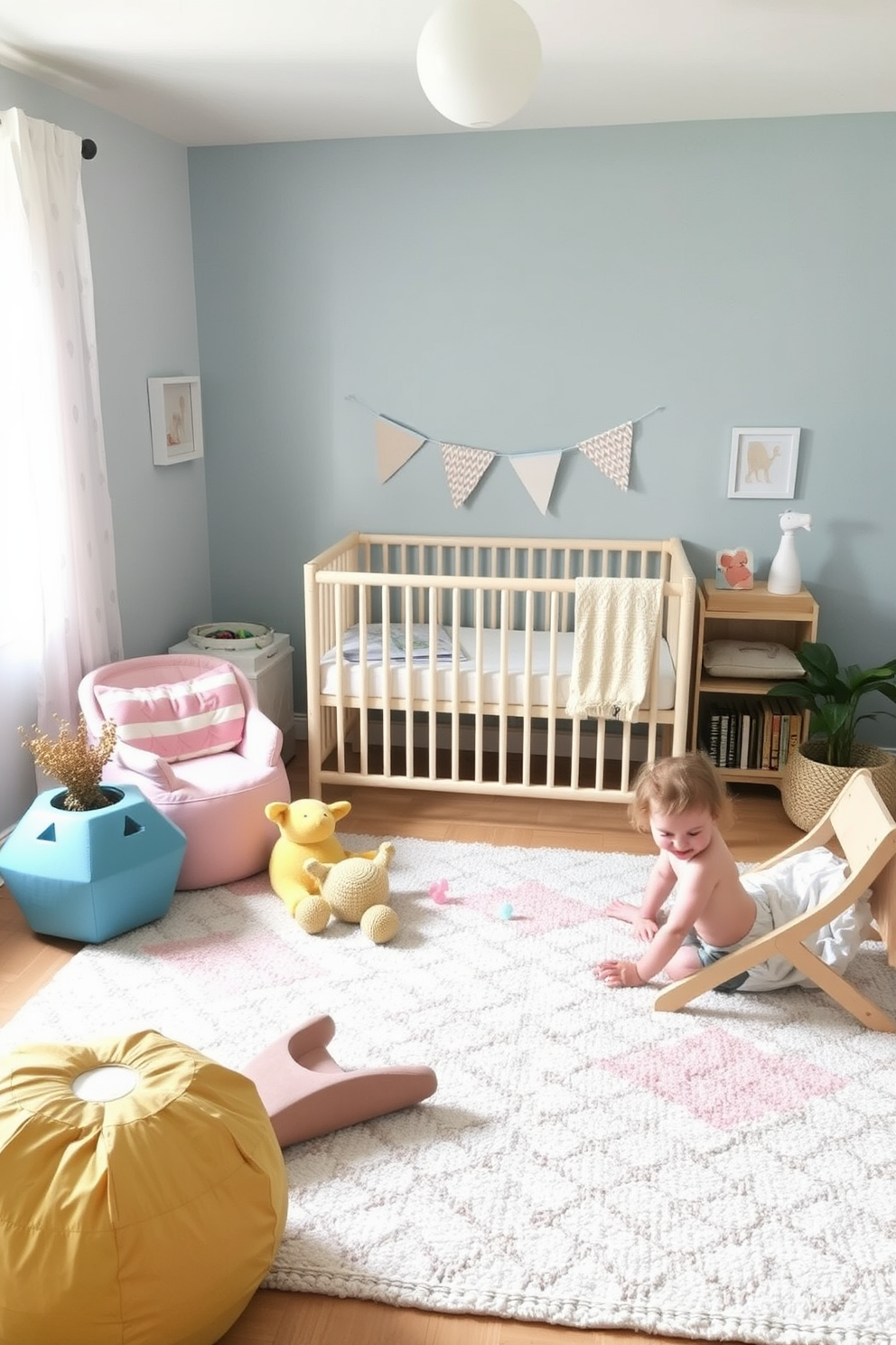 A cozy nursery designed for summer playtime. The floor is covered with a soft area rug in pastel colors, providing a comfortable space for children to play and explore.