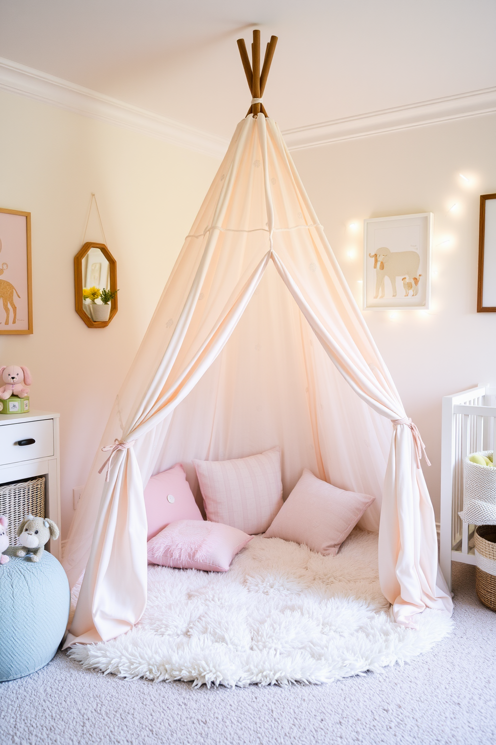 A cozy miniature tent is set up in a bright and airy nursery, perfect for imaginative play. The tent is adorned with soft pastel colors and whimsical patterns, creating an inviting atmosphere for children. Inside the tent, plush cushions and a soft rug provide a comfortable space for storytelling and games. Surrounding the tent, playful wall art and gentle lighting enhance the enchanting summer theme of the nursery.