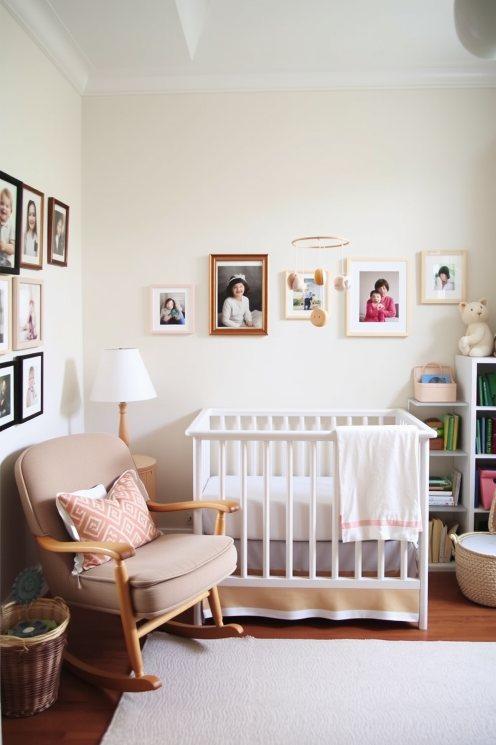 A cozy summer nursery filled with soft pastel colors. The walls are adorned with framed family photos, adding a personal touch to the space. A comfortable rocking chair sits in the corner next to a small bookshelf filled with children's books. A whimsical mobile hangs above the crib, creating a playful atmosphere.