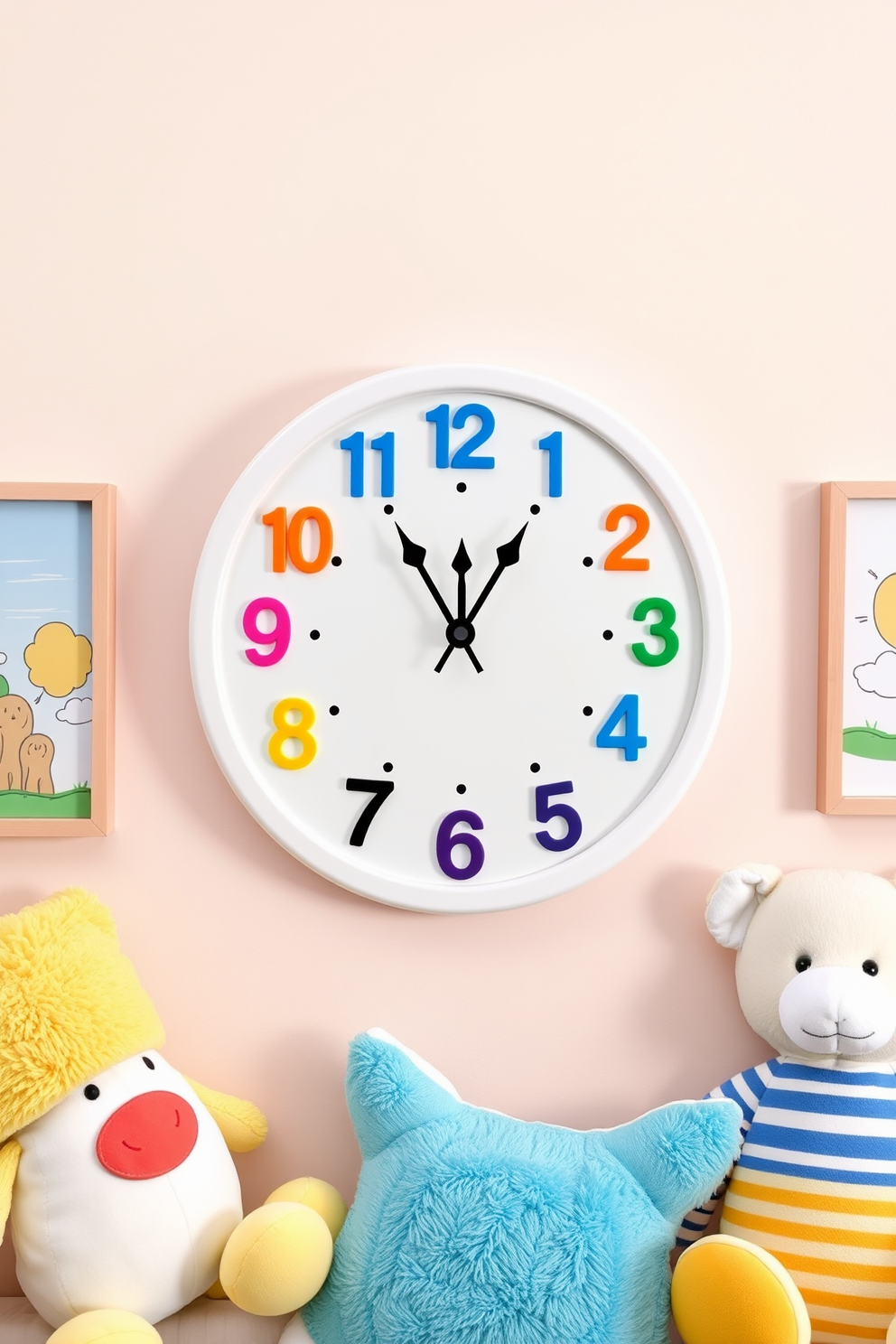 A charming wall clock with a playful design features colorful numbers and whimsical shapes. It is mounted on a soft pastel wall, surrounded by cheerful artwork and plush toys that enhance the summer nursery theme.