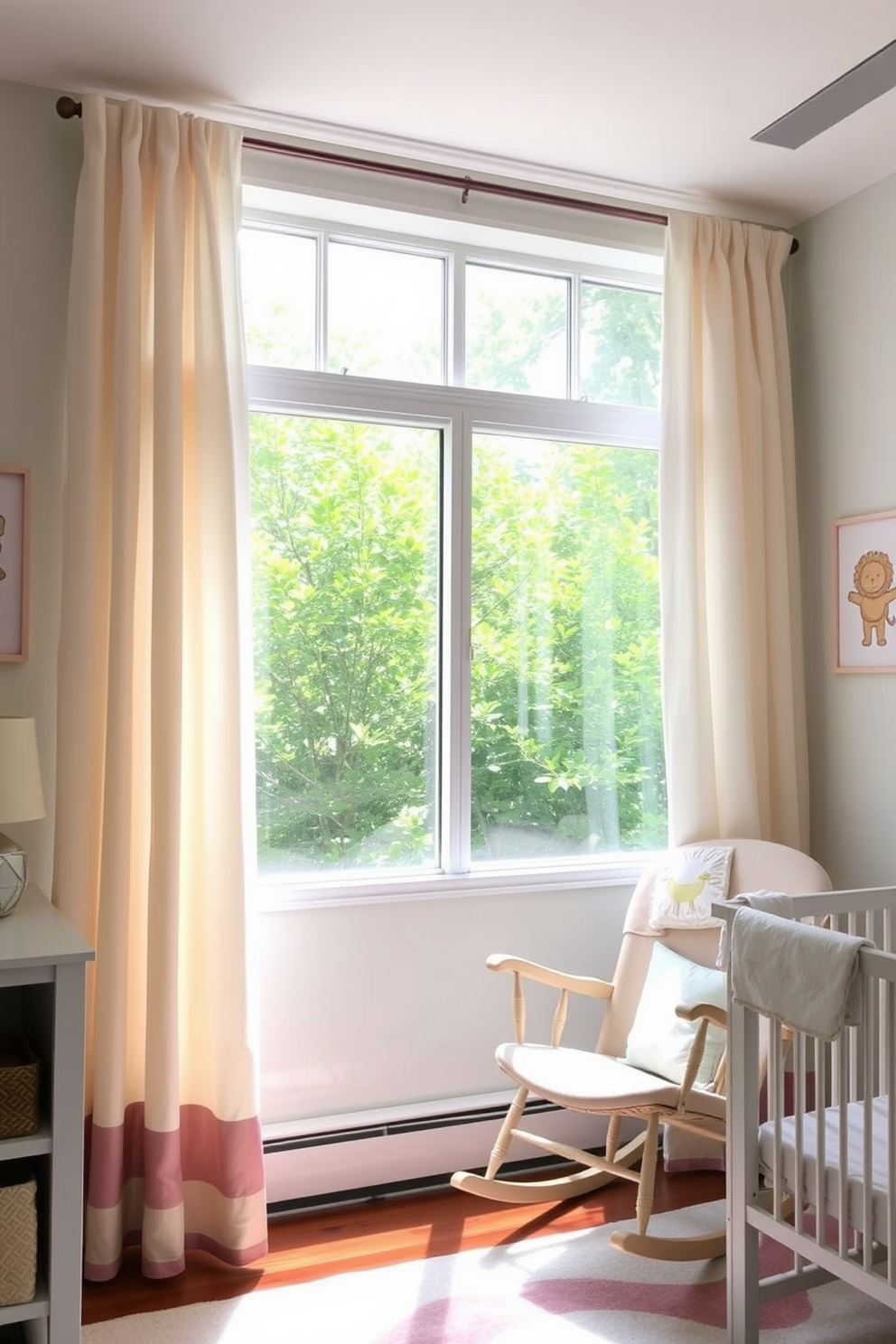 Lightweight sheer curtains gently frame the windows, allowing soft natural light to filter into the room. The nursery features a calming color palette with pastel accents, creating a serene and inviting atmosphere. Adorn the walls with playful animal-themed artwork to stimulate the child's imagination. A cozy rocking chair sits in the corner, providing a perfect spot for reading and relaxation.