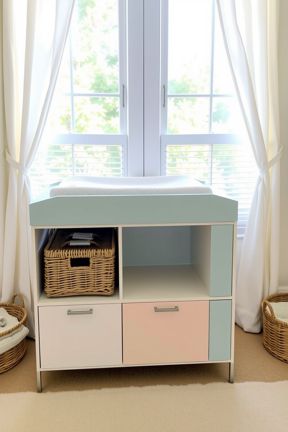 A stylish changing table with ample storage options is the centerpiece of this summer nursery. The table features a sleek design with soft pastel colors and a comfortable changing pad on top. Surrounding the changing table are decorative baskets for easy access to baby essentials. Light, airy curtains frame the window, allowing natural light to fill the space and create a cheerful atmosphere.