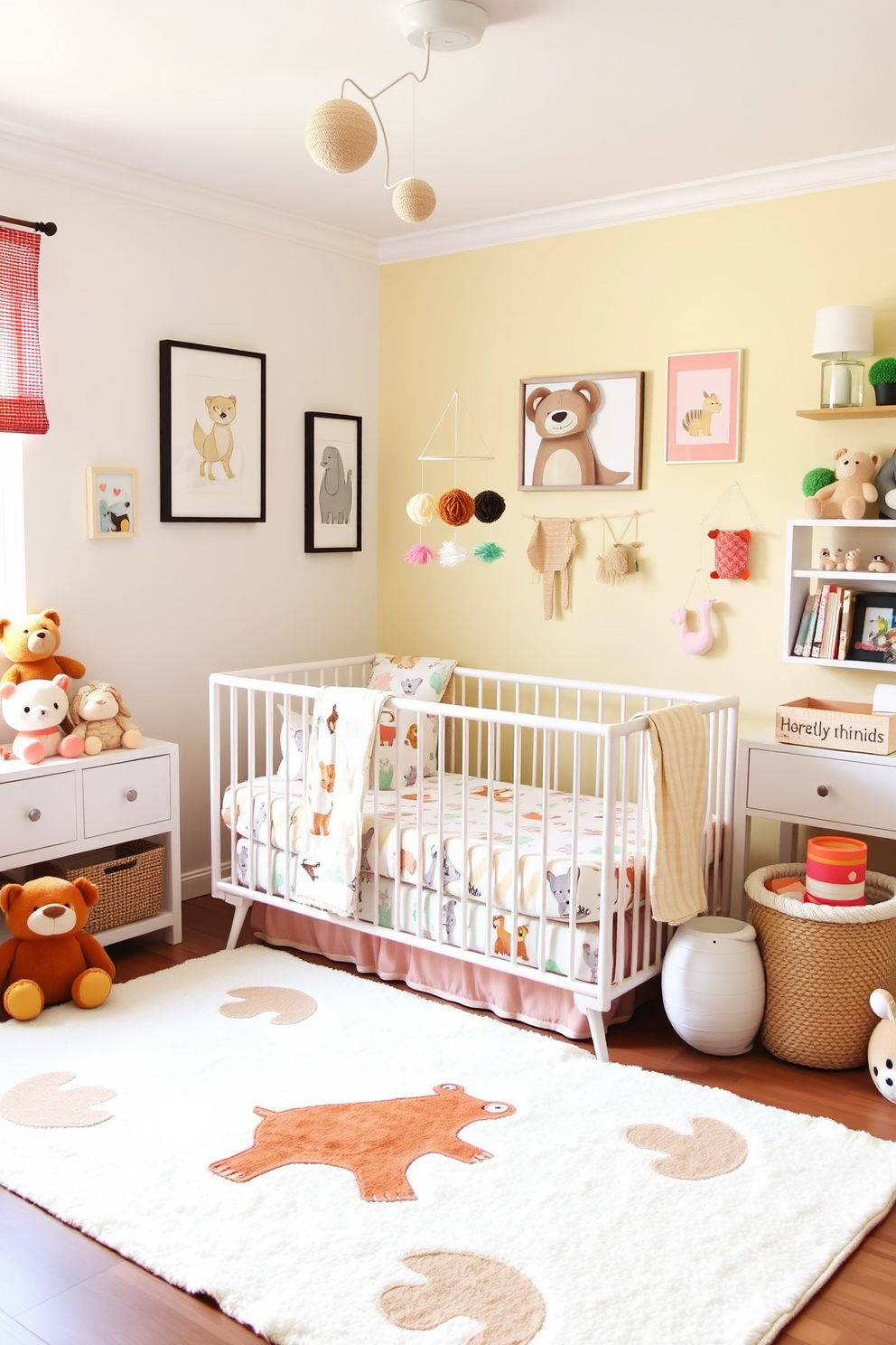 A cheerful nursery filled with playful animal-themed decor accents. The walls are painted in soft pastel colors, adorned with whimsical animal wall art and plush stuffed animals scattered throughout the room. A cozy crib is dressed in bedding featuring cute animal prints, complemented by a colorful mobile hanging above. A soft area rug with animal shapes adds warmth and comfort, creating a delightful space for play and relaxation.