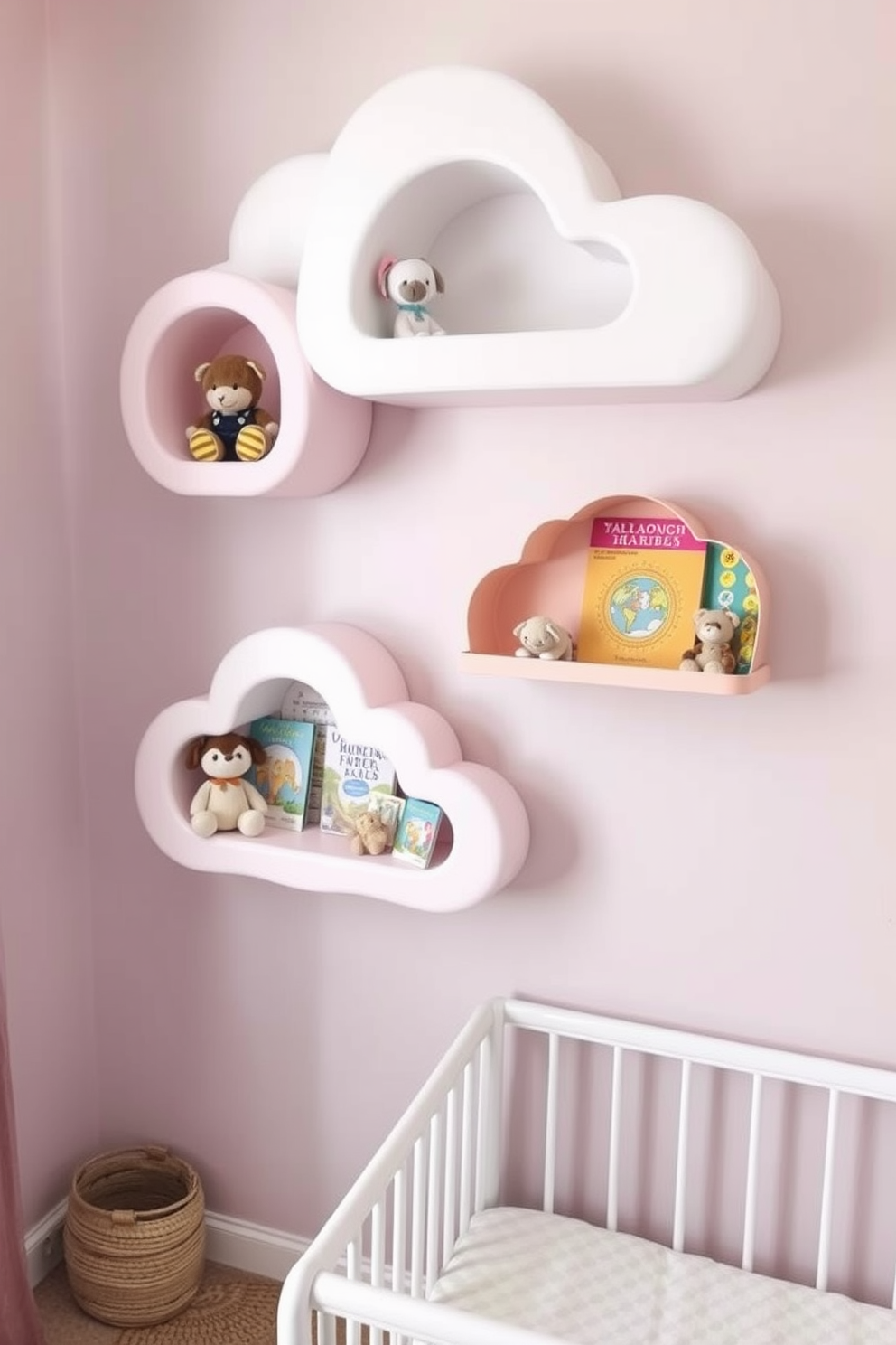 Create a whimsical nursery featuring cloud-shaped wall shelves that add a playful touch to the room. The shelves are painted in soft pastel colors and are adorned with small stuffed animals and children's books, creating an inviting and imaginative space for little ones.