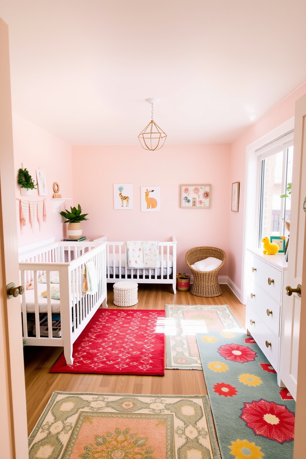 A cozy nursery filled with natural light. The room features colorful patterned rugs that add warmth and comfort underfoot. Soft pastel walls create a cheerful atmosphere. Adorable summer-themed decorations, like playful animal prints and floral accents, enhance the playful vibe.