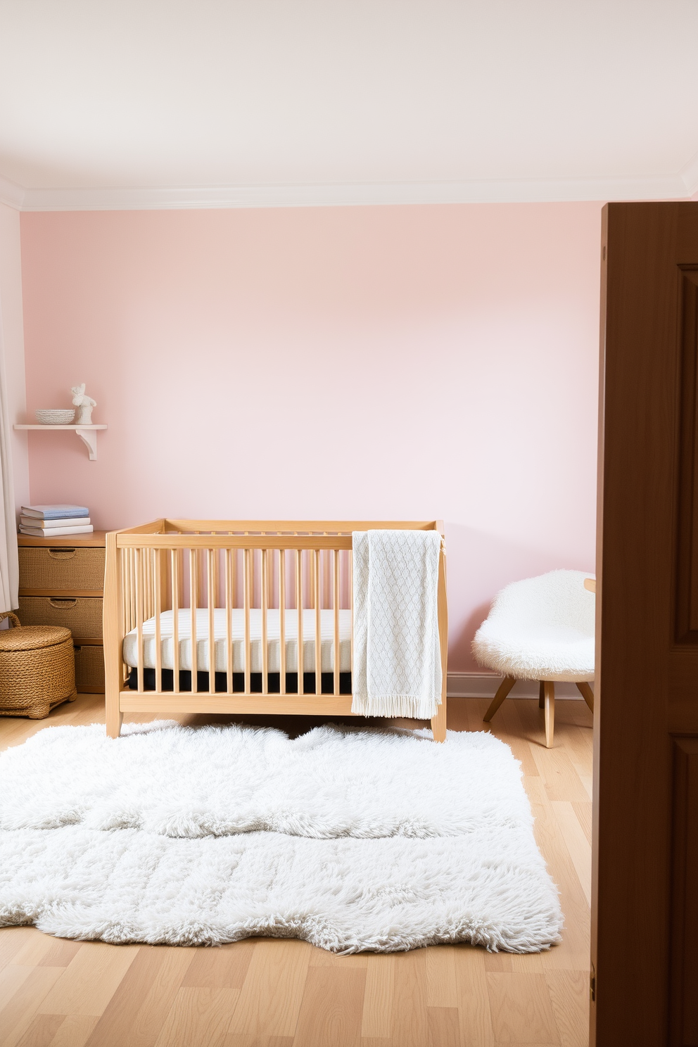 A cozy nursery featuring a natural wood crib that exudes warmth and comfort. Soft pastel colors adorn the walls, while plush rugs and gentle lighting create a serene atmosphere.