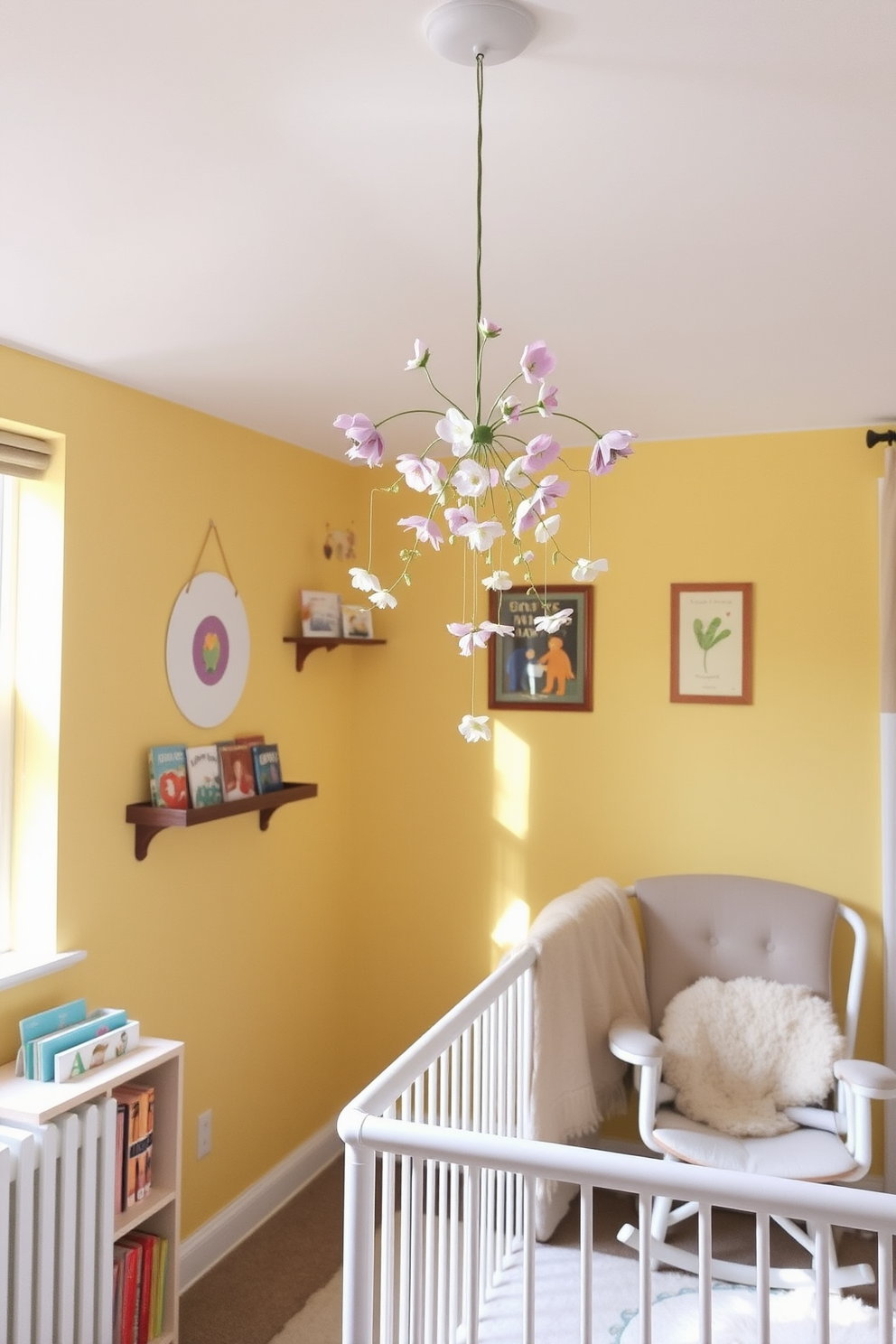 A whimsical nursery filled with light and color. A floral mobile hangs gracefully above the crib, featuring delicate blooms in pastel shades that sway gently with the breeze. The walls are painted in a soft, sunny yellow, creating a cheerful atmosphere. A cozy rocking chair sits in the corner, accompanied by a plush throw and a small bookshelf filled with storybooks.