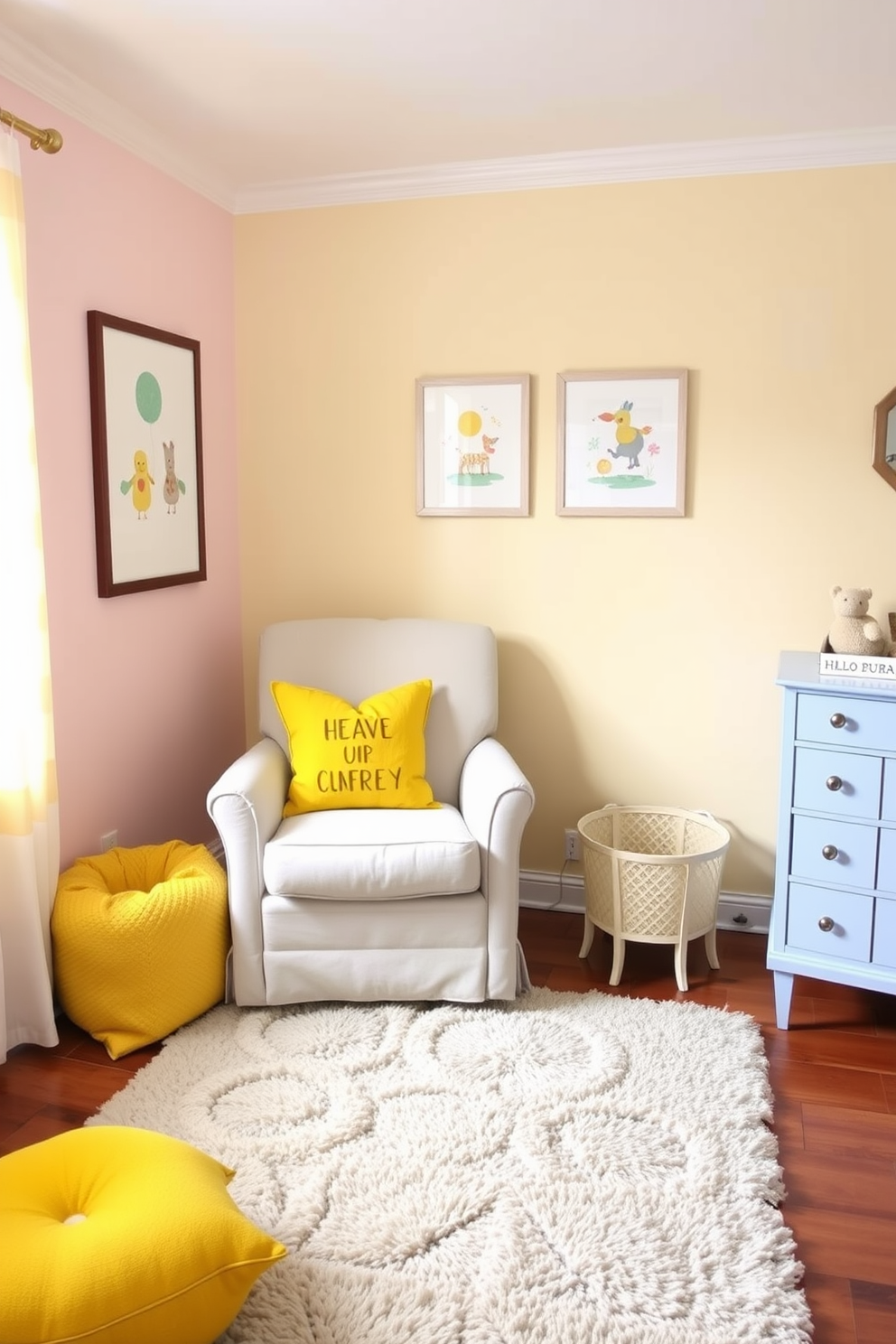 A bright and cheerful nursery filled with sunshine yellow accent pillows on a cozy chair. The walls are painted in soft pastel shades, complemented by playful artwork and a plush area rug.