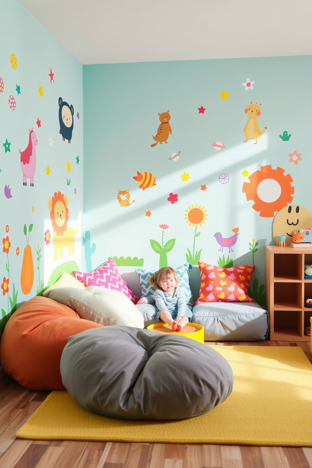 Bright colorful wall decals featuring playful animals and whimsical shapes adorn the walls of a vibrant Summer playroom. The space is filled with soft, oversized cushions and a cheerful rug, creating a cozy area for children to play and explore.