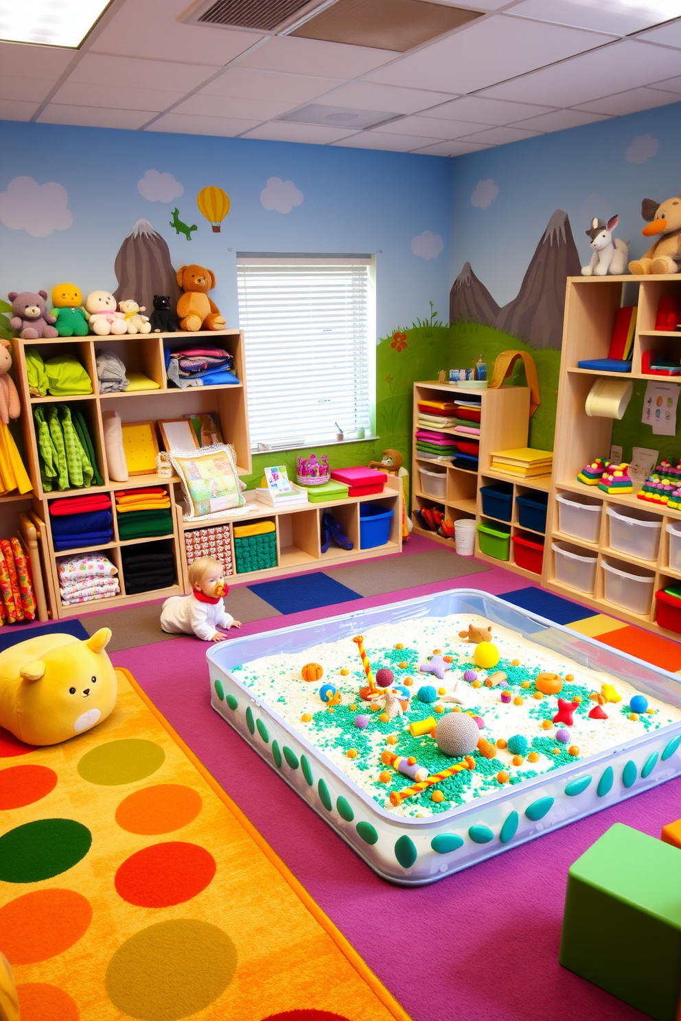 A vibrant playroom filled with sensory play areas designed for children to explore various textures. Soft colorful rugs cover the floor, while walls are adorned with playful murals depicting whimsical scenes of nature and adventure. In one corner, a large sensory bin is filled with sand, water beads, and textured toys, inviting tactile exploration. Shelves are stocked with plush toys, stacking blocks, and fabric swatches, creating an engaging environment for imaginative play.