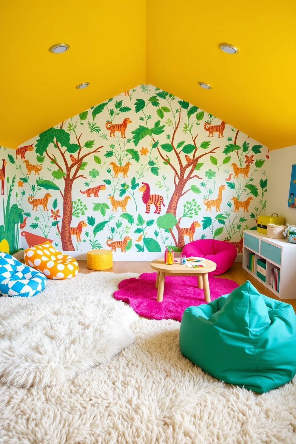 A bright and cheerful playroom filled with vibrant colors and playful patterns. The walls are adorned with removable wallpaper featuring a whimsical jungle theme that can easily be swapped out for seasonal changes. Soft, plush rugs cover the floor, creating a cozy space for children to play. Colorful bean bags and a small table with art supplies invite creativity and fun during the summer months.