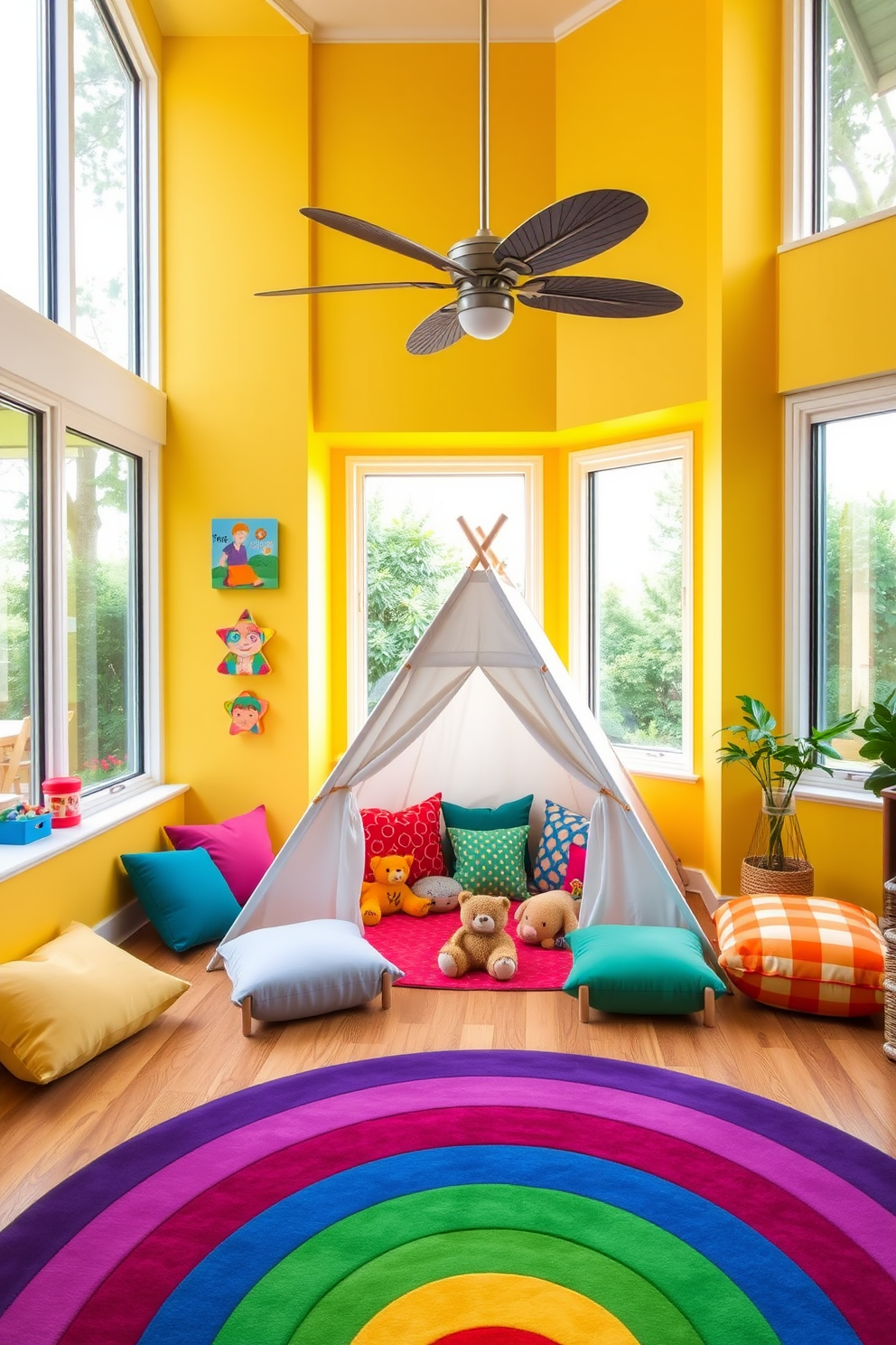 A vibrant summer playroom designed for fun and adventure. The room features a cozy small indoor tent set up in the corner, surrounded by colorful cushions and plush toys. Bright yellow walls create a cheerful atmosphere, while large windows allow natural light to flood the space. A playful rug in rainbow colors covers the floor, adding warmth and comfort for playtime activities.