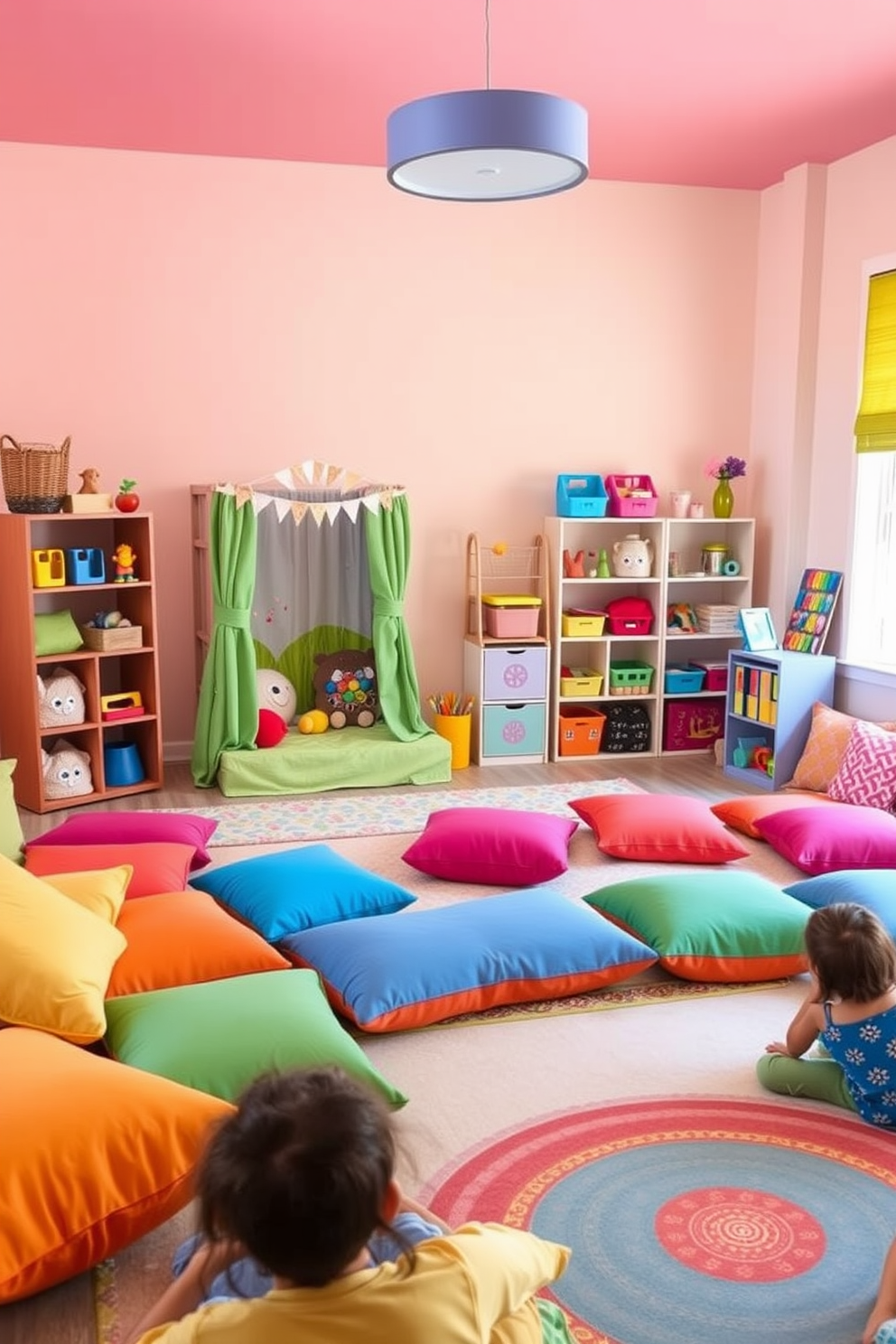 Create a vibrant summer playroom filled with colorful cushions and playful decor. The walls are painted in bright pastel colors, and a small stage area features a whimsical backdrop for performances. In one corner, there are shelves stocked with toys and art supplies, encouraging creativity and play. Soft rugs cover the floor, providing a comfortable space for children to gather and enjoy performances.