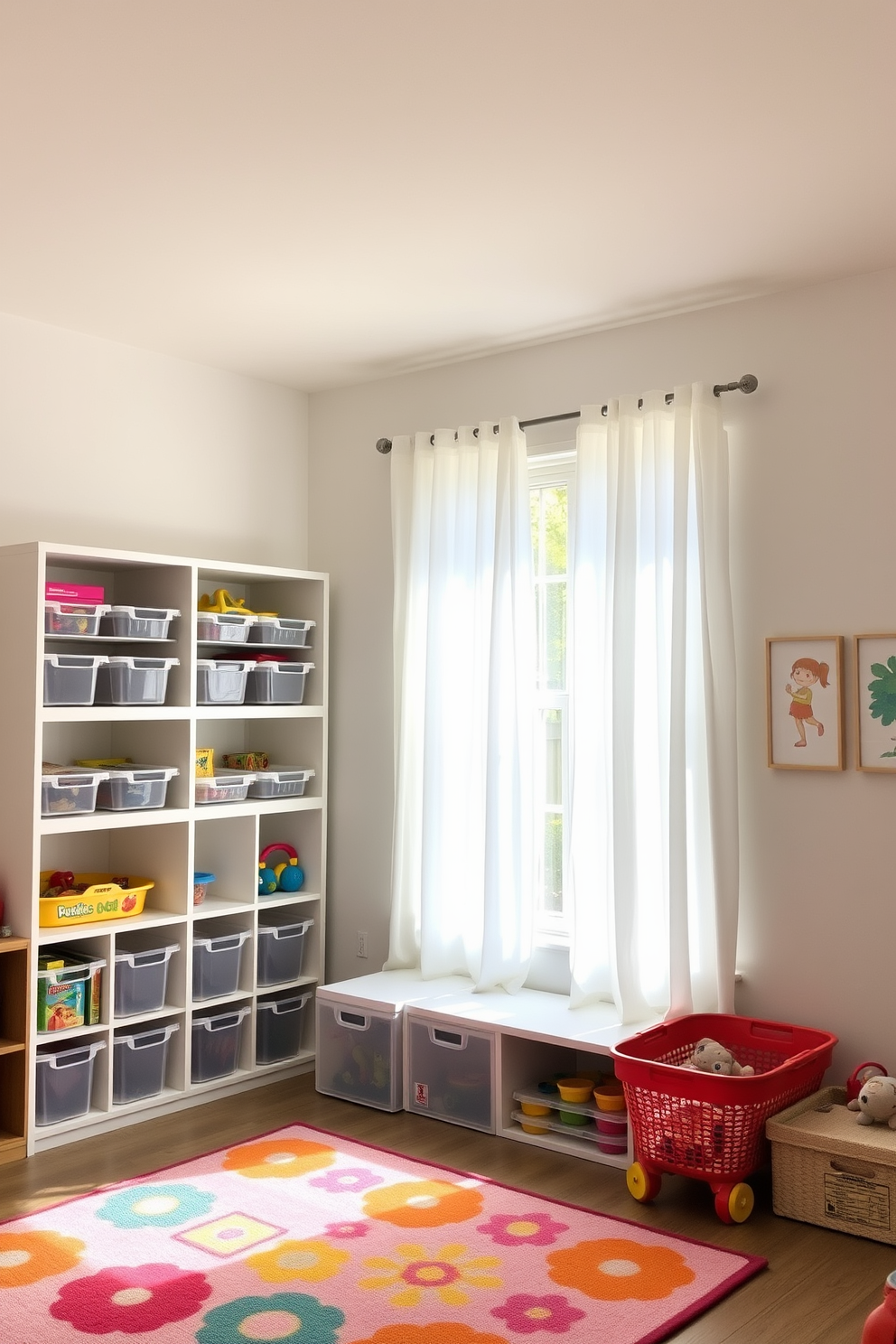 A bright and cheerful playroom filled with natural light. The walls are painted in soft pastel colors, and a large window features sheer white curtains that flutter in the breeze. Clear bins are neatly arranged on open shelving, making it easy for children to find and put away their toys. A colorful area rug adds warmth to the space, while playful artwork adorns the walls, creating an inviting atmosphere for play.