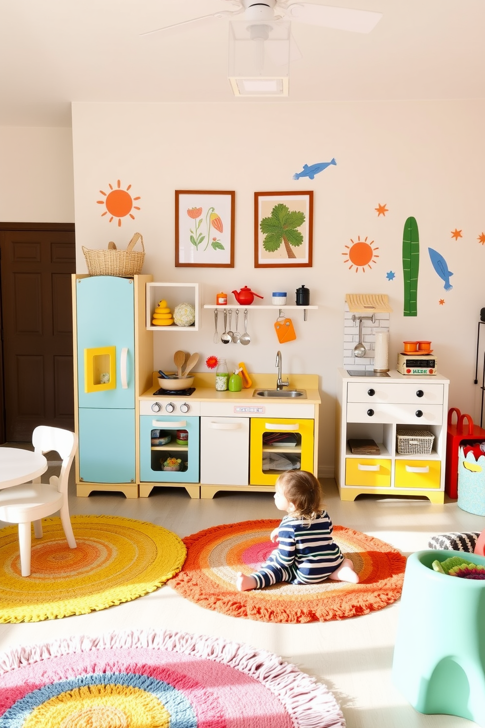 A vibrant summer playroom filled with sunshine and creativity. The focal point is a charming play kitchen with bright colors, complete with miniature appliances and utensils for imaginative role play. Soft, colorful rugs cover the floor, providing a cozy area for children to sit and play. Walls are adorned with cheerful artwork and playful decals, creating an inviting atmosphere for endless fun.