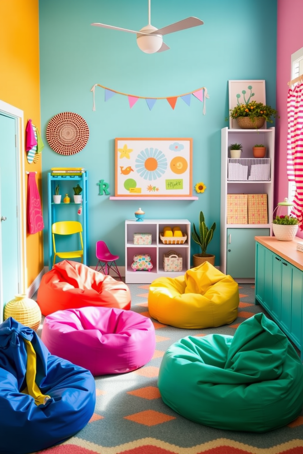 A vibrant summer playroom filled with playful decor. The walls are painted in bright, cheerful colors, and colorful bean bags are scattered around for casual seating.