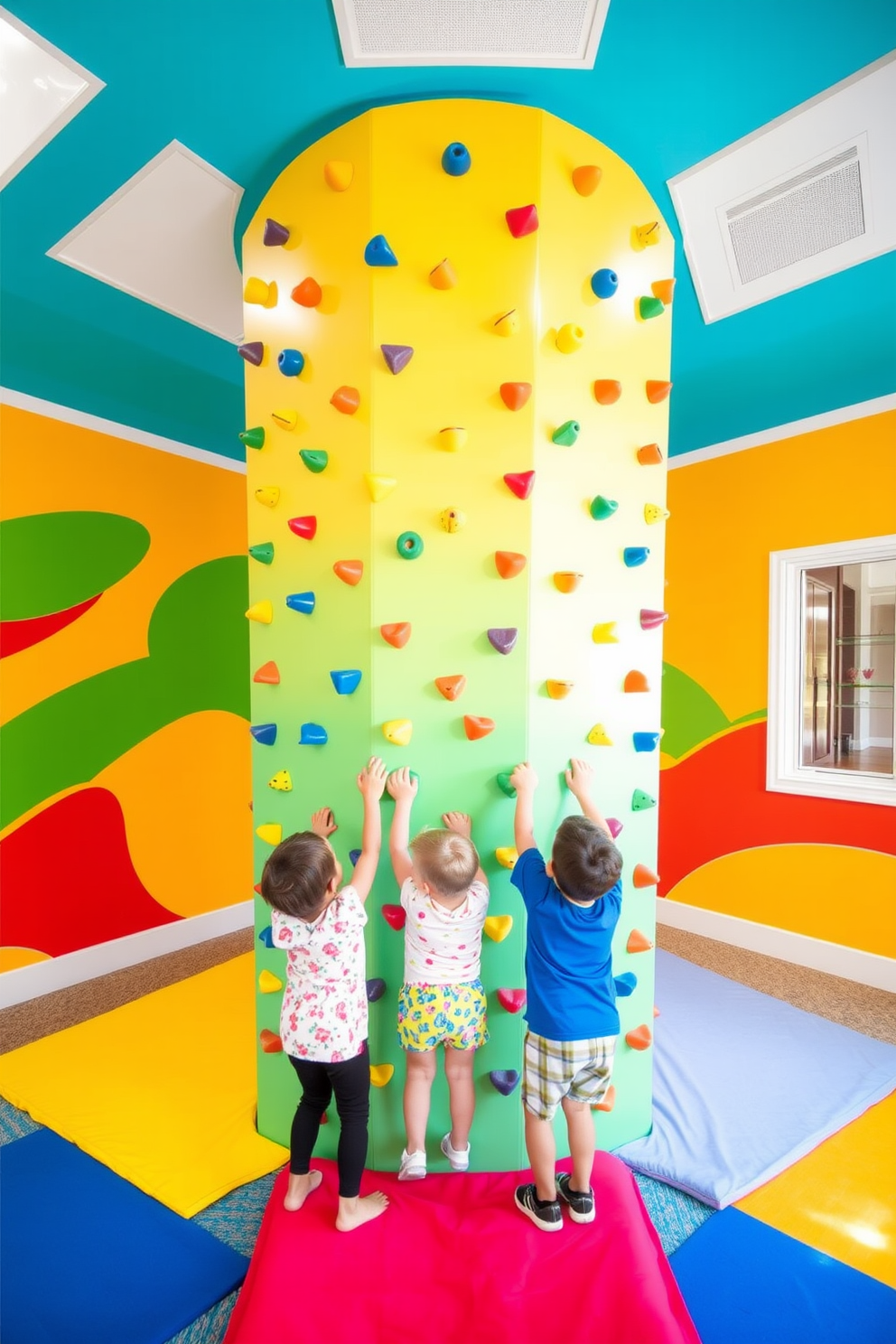 A vibrant summer playroom features a colorful climbing wall that encourages active play and physical fitness. The walls are painted in bright, cheerful colors, and soft mats are placed below the climbing area for safety and comfort.