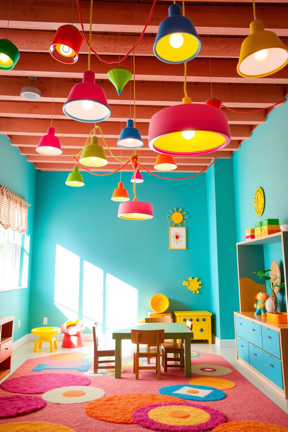 A vibrant summer playroom filled with playful lighting fixtures that create a warm and inviting ambiance. The walls are painted in bright, cheerful colors, and the floor is covered with soft, colorful rugs to provide a comfortable play area.