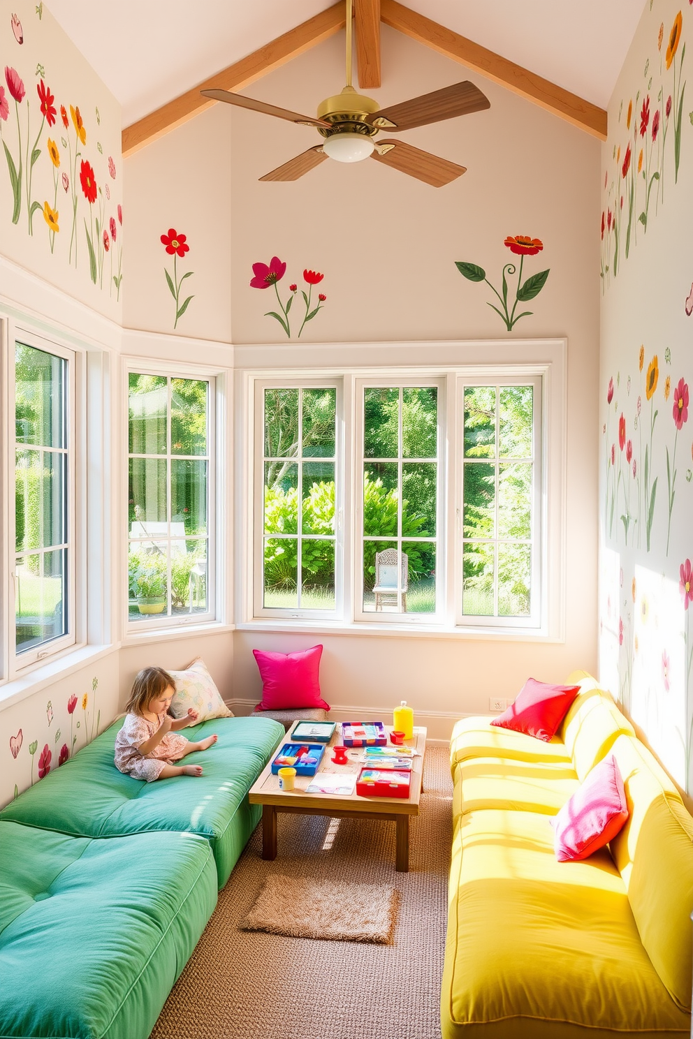 A vibrant summer playroom filled with natural light. The walls are adorned with cheerful nature prints featuring colorful flowers and playful animals, creating an inviting atmosphere for children. Soft, plush seating in bright colors is arranged around a low table covered with art supplies and games. Large windows offer views of the lush garden outside, bringing the beauty of nature indoors.