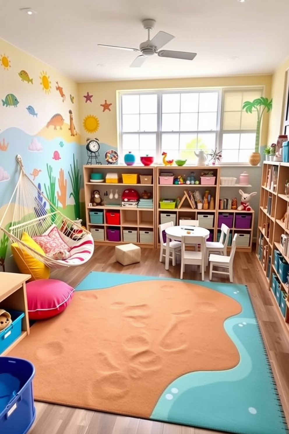 A vibrant playroom inspired by summer themes featuring colorful wall decals of beach scenes and playful ocean creatures. The room includes a cozy reading nook with a hammock chair and bright cushions, along with a large play mat resembling a sandy beach. In one corner, a small craft station is set up with a table and chairs painted in cheerful pastel colors. Shelves are filled with toys and books, while large windows allow natural light to flood the space, creating an inviting atmosphere for play and creativity.