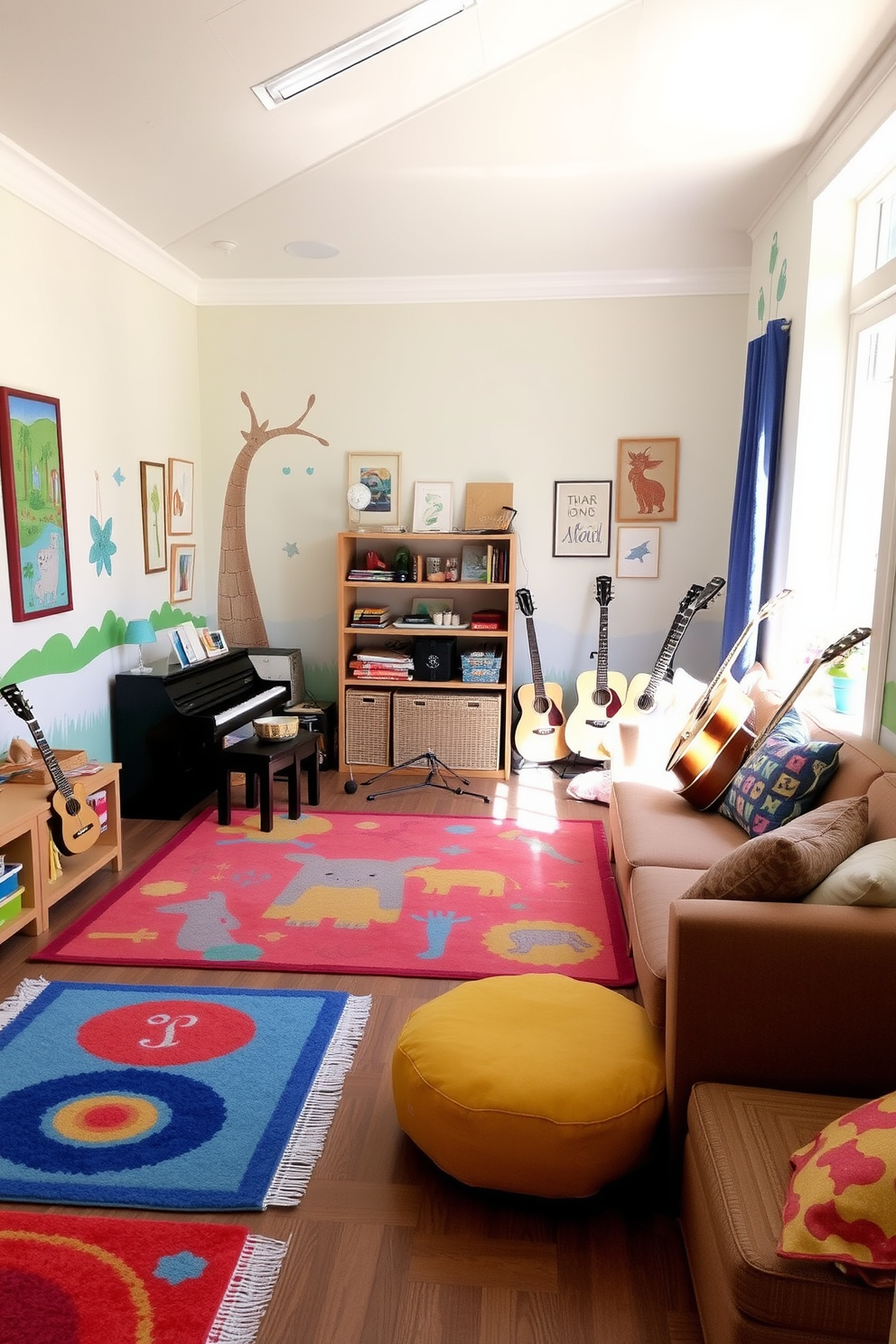 A vibrant summer playroom filled with natural light. Colorful rugs cover the floor, and the walls are adorned with playful artwork featuring animals and nature. In one corner, a musical nook invites creativity with a variety of instruments including a small piano, a set of drums, and a collection of guitars. Plush seating surrounds the area, providing a cozy space for children to relax and enjoy their musical adventures.