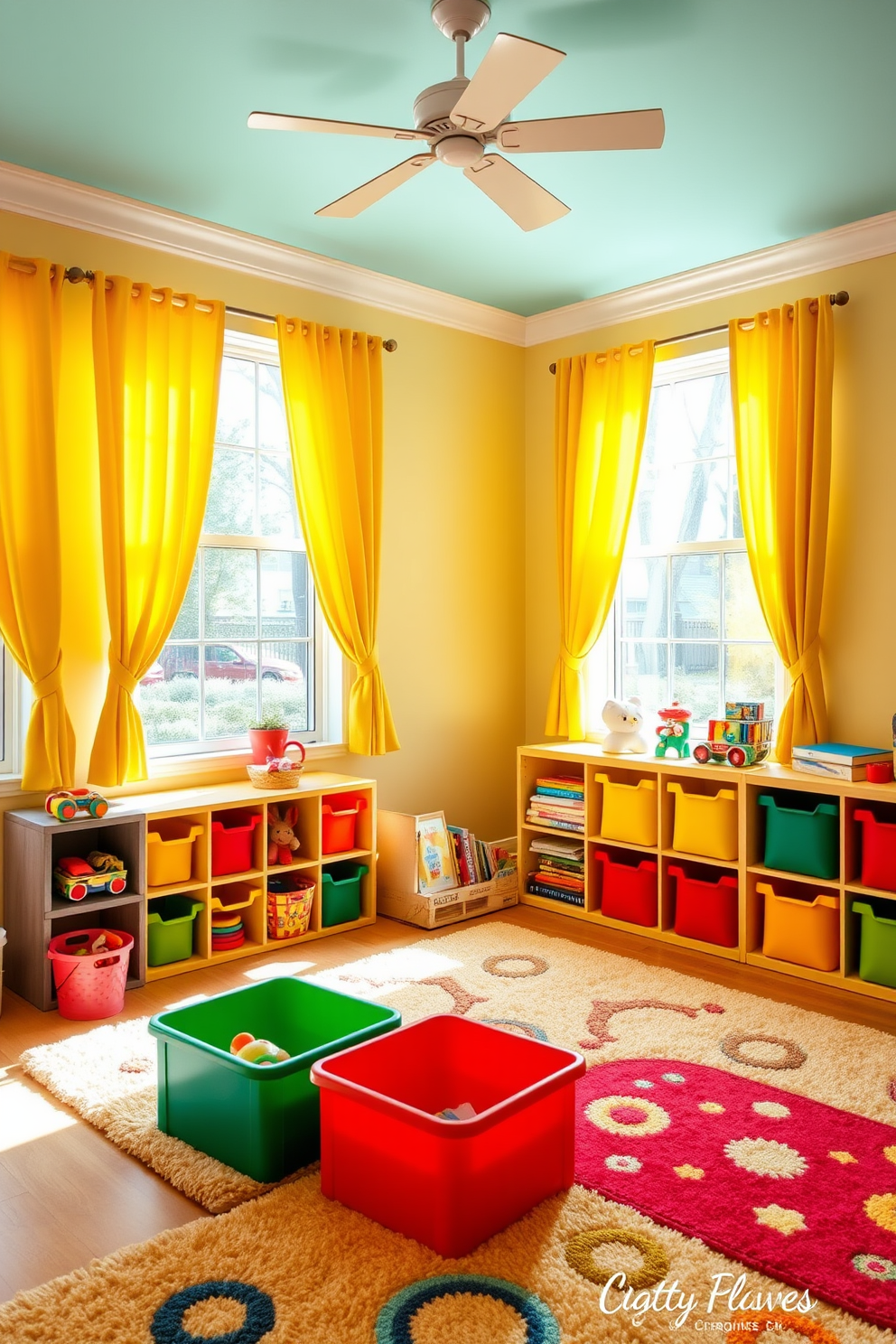 A vibrant playroom filled with sunlight. Bright curtains in cheerful colors frame the windows, enhancing the playful atmosphere. Soft, plush rugs in fun patterns cover the floor, creating a cozy area for kids to play. Colorful storage bins are neatly arranged, making it easy to keep toys organized and accessible.