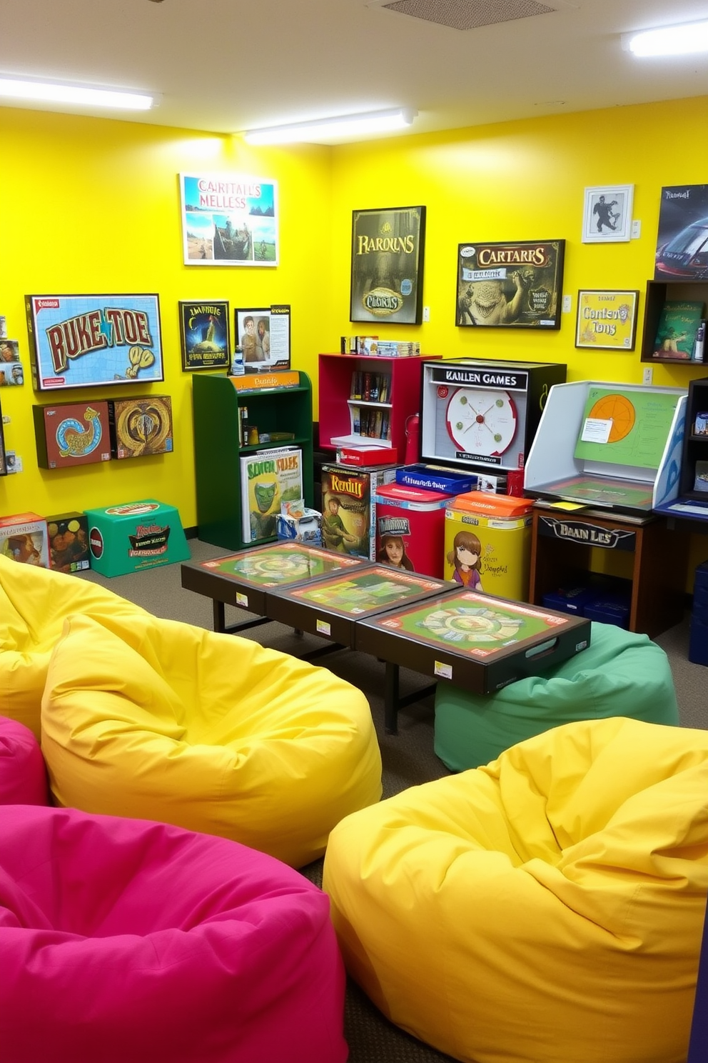 A vibrant game zone filled with colorful board games. The walls are painted in a cheerful yellow, and soft bean bags are scattered around for comfortable seating.