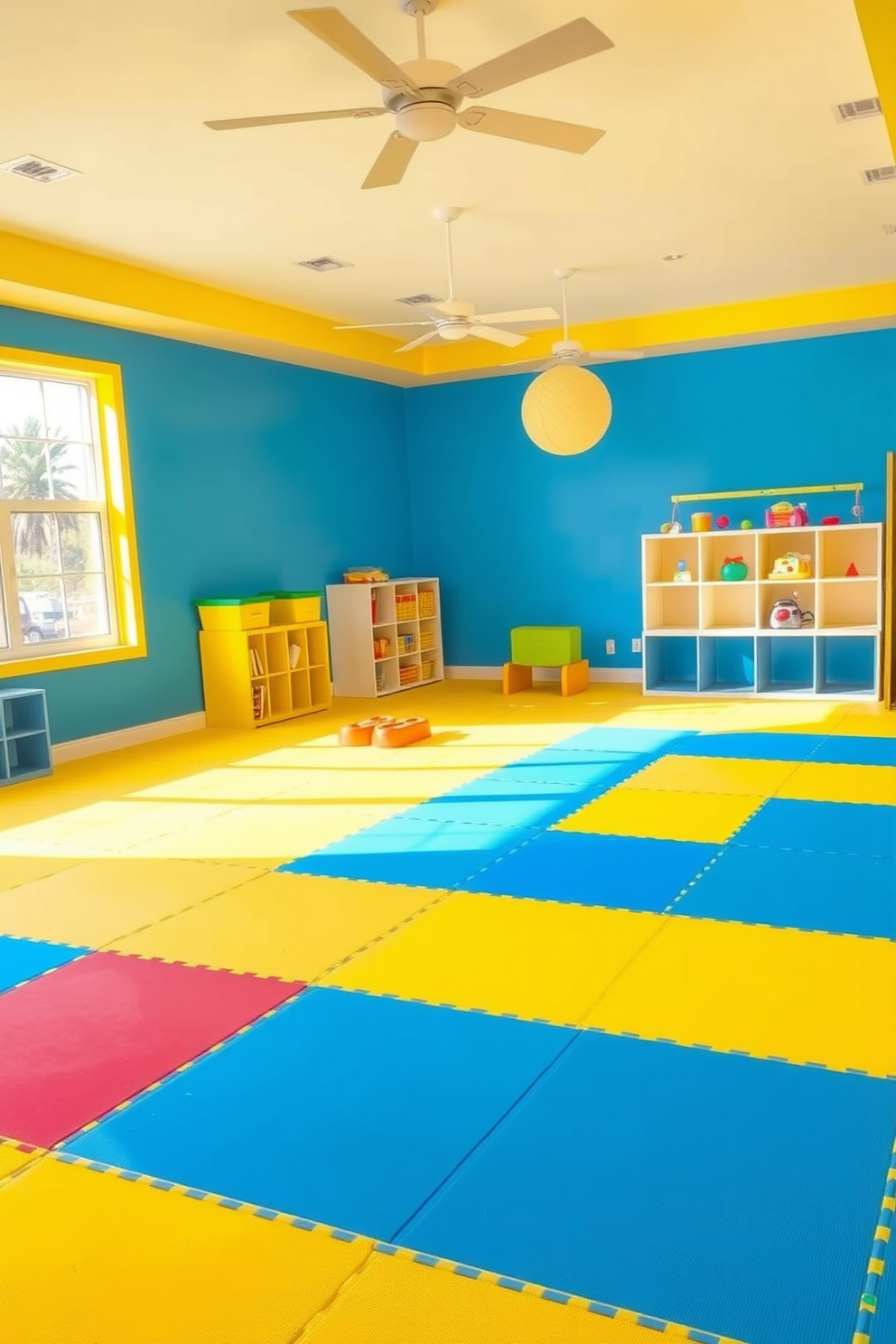 A bright and cheerful playroom designed for summer activities. The space features soft, colorful mats covering the floor, creating a safe area for children to play and explore. Brightly colored walls in shades of yellow and blue enhance the playful atmosphere. Large windows allow ample natural light to flood the room, making it feel warm and inviting.