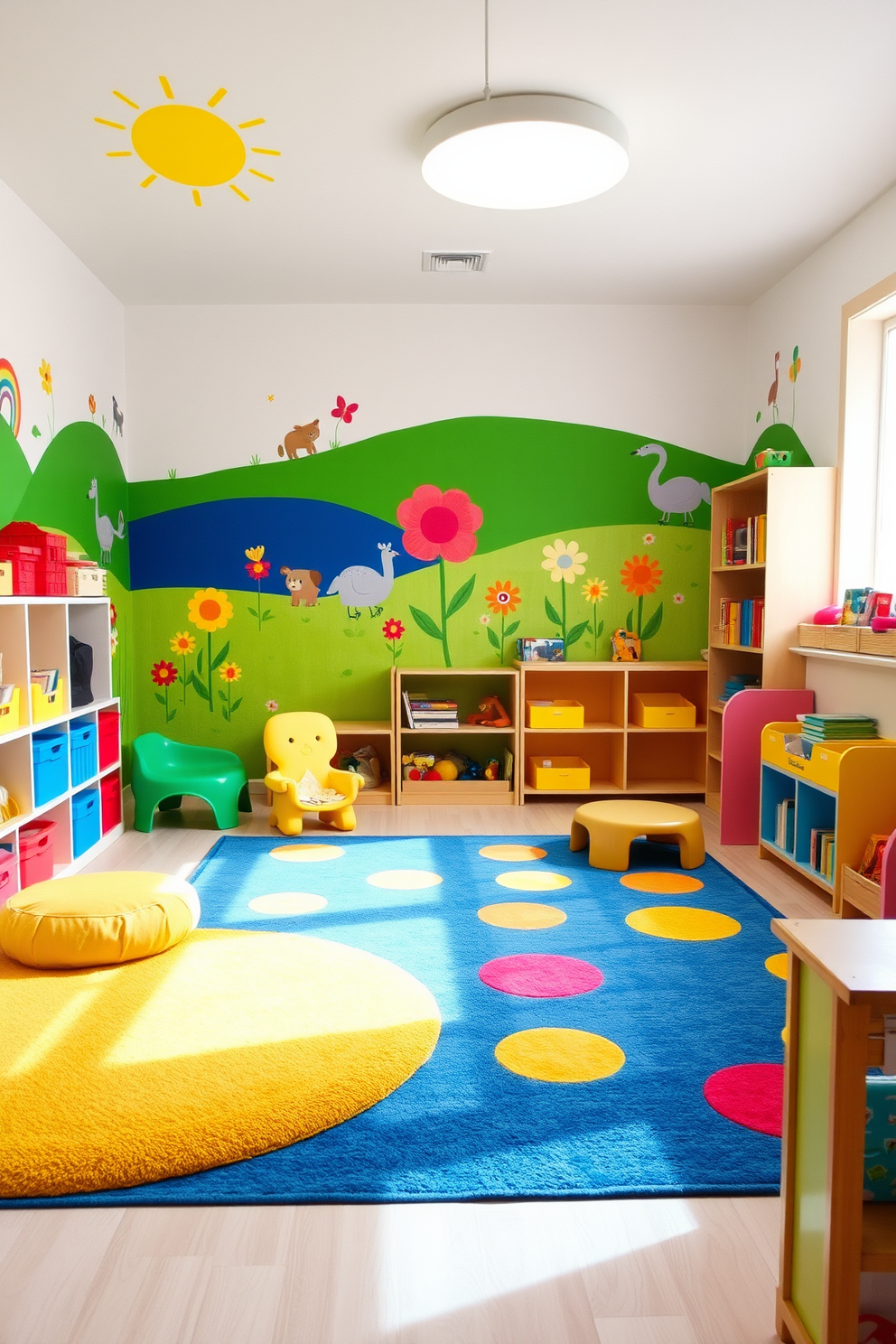 A vibrant playroom filled with light and creativity. The walls are adorned with a whimsical mural depicting a sunny landscape with playful animals and bright flowers. Soft, colorful rugs cover the floor, providing a cozy area for children to sit and play. Shelves lined with toys and books are easily accessible, encouraging imaginative play and exploration.