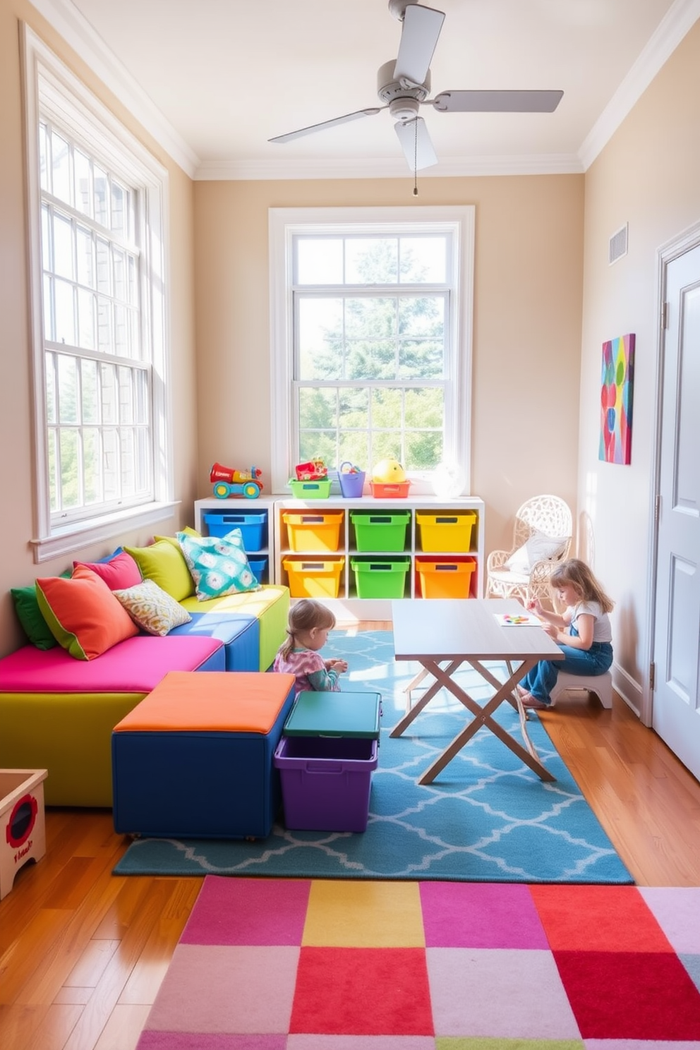 A vibrant summer playroom filled with natural light. The space features a colorful modular sofa that can be rearranged, along with a foldable table for arts and crafts activities. Brightly colored storage bins are neatly organized to keep toys accessible yet tidy. A playful rug with geometric patterns adds warmth to the hardwood floor, creating an inviting atmosphere for children to play.