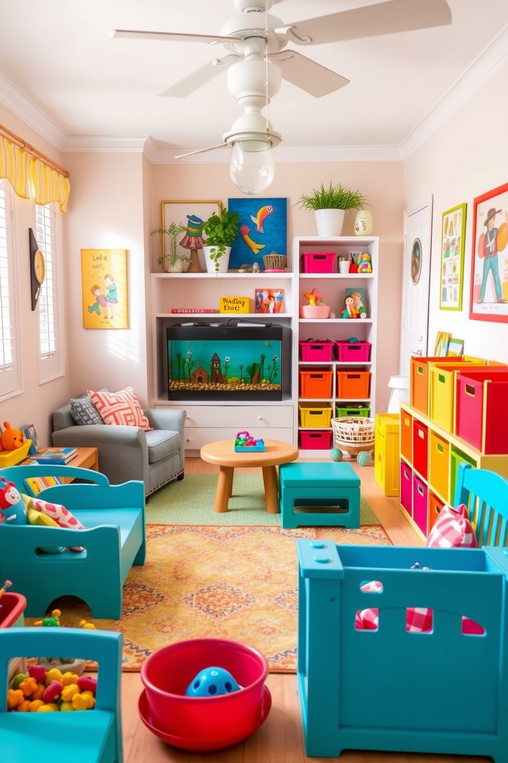 A vibrant summer playroom filled with colorful furniture and playful decor. A cozy reading nook with a small aquarium in the corner adds tranquility, while bright cushions and a soft rug create a welcoming atmosphere. The walls are painted in cheerful pastel colors, and playful artwork adorns the space. Fun storage solutions like bright bins and shelves keep toys organized, making it a perfect retreat for children to explore and play.