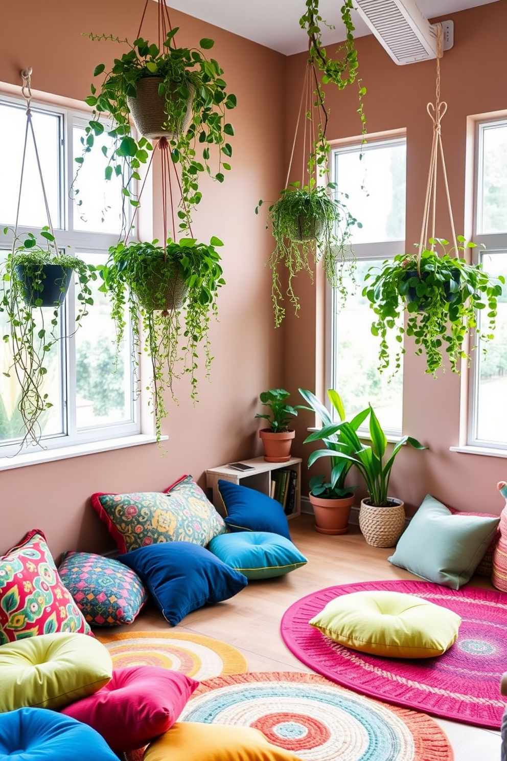 Create a nature-inspired playroom filled with vibrant greenery and playful decor. The walls are painted in soft earth tones, and large windows let in plenty of natural light, creating a warm and inviting atmosphere. Colorful rugs and cushions in various shapes are scattered across the floor, providing comfortable seating for children. Hanging planters with trailing vines and potted plants add a lively touch, making the space feel like a mini indoor garden.