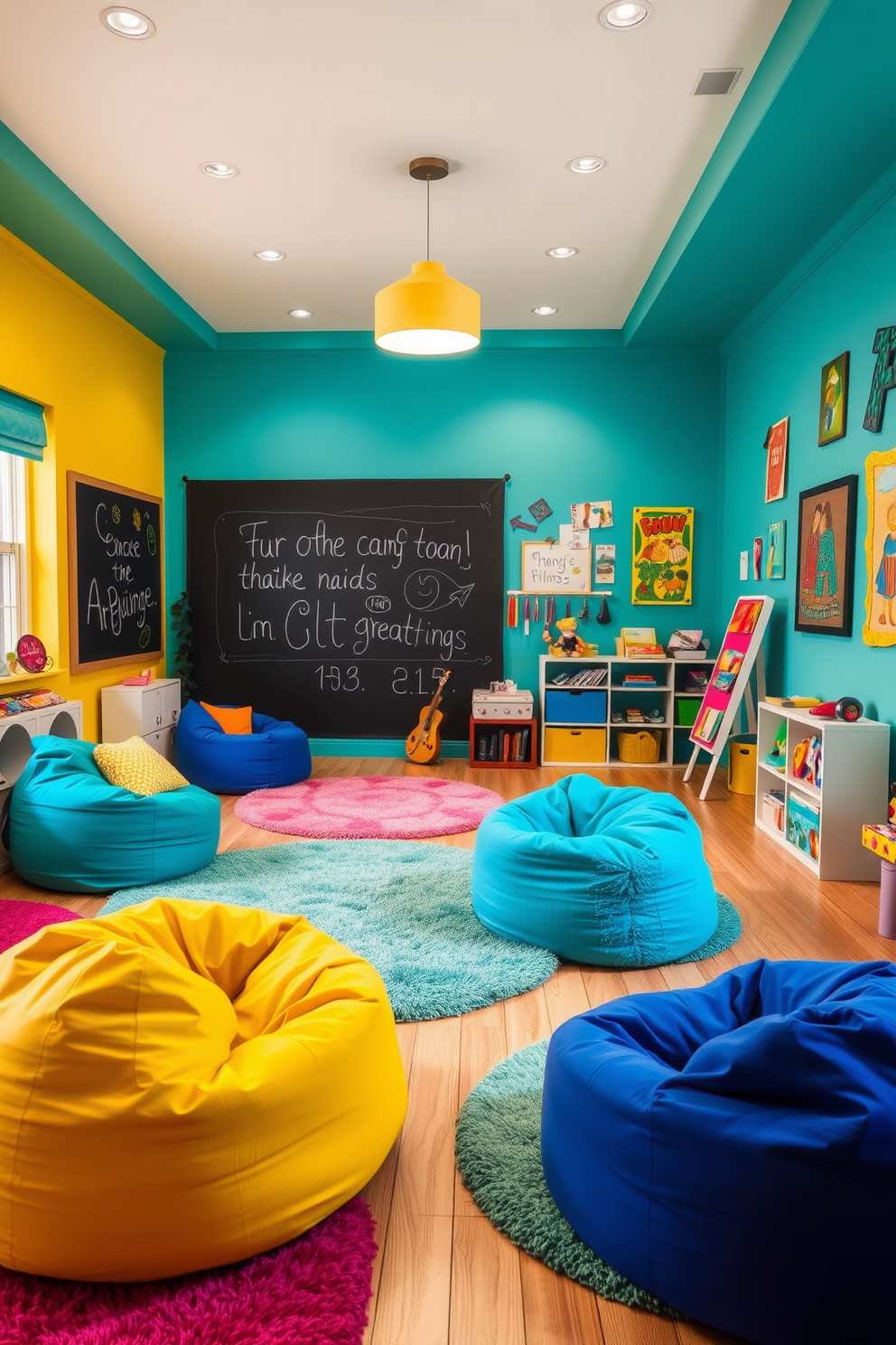 A vibrant playroom filled with energy and creativity. The walls are painted in bold yellow and turquoise, creating a cheerful atmosphere. Colorful bean bags and plush rugs are scattered across the floor for comfort and fun. A large chalkboard wall invites artistic expression, while bright artwork adorns the remaining walls.