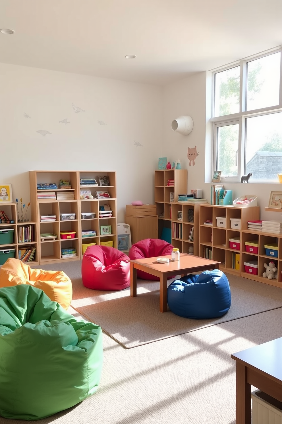 A bright and cheerful playroom filled with lightweight furniture that can be easily rearranged. The room features colorful bean bags, a low table for arts and crafts, and shelves filled with toys and books. Large windows allow natural light to flood in, creating an inviting atmosphere. The walls are painted in a soft pastel hue, and playful wall decals add a whimsical touch.