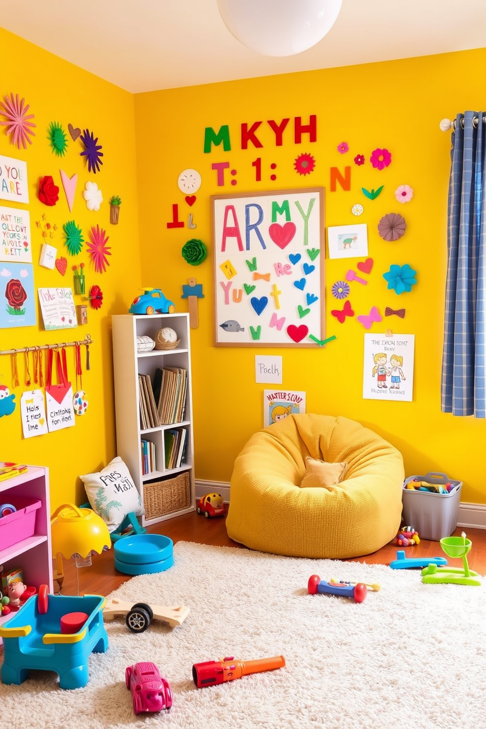 A vibrant summer playroom filled with energy and creativity. The walls are painted in a bright yellow hue, adorned with a DIY art wall showcasing colorful children's artwork and crafts. In one corner, a cozy reading nook features a plush bean bag chair and a small bookshelf filled with storybooks. The floor is covered with a soft, multi-colored rug, and playful toys are scattered throughout the space, inviting imaginative play.