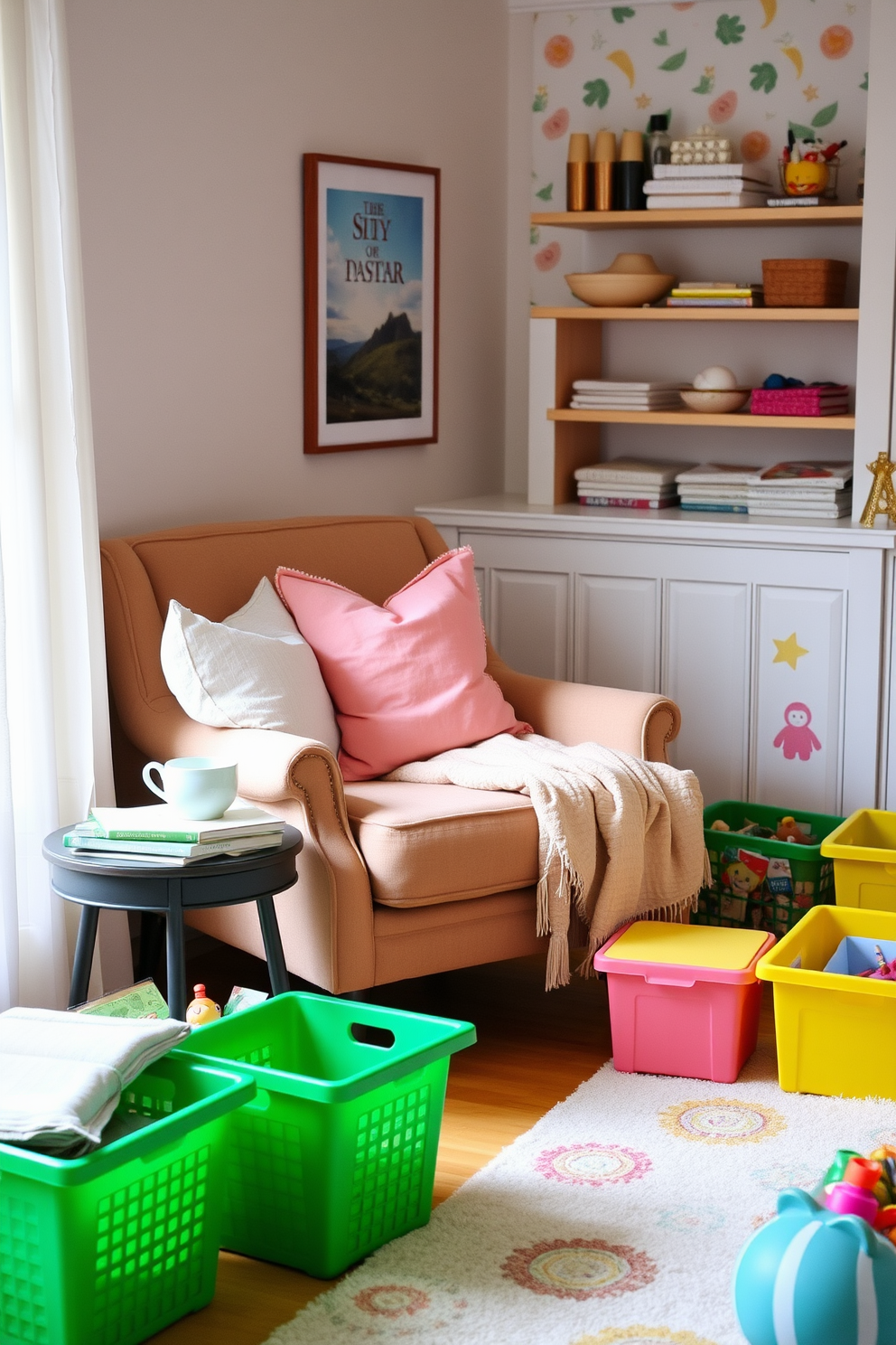 A cozy reading nook is nestled in a corner of the room, featuring a plush armchair adorned with soft cushions in various pastel colors. A small side table holds a stack of books and a steaming cup of tea, while a warm throw blanket drapes over the arm of the chair. The summer playroom is filled with bright, cheerful decor, showcasing playful patterns and vibrant colors. A large rug covers the floor, providing a soft area for children to sit and play, surrounded by colorful storage bins filled with toys and art supplies.