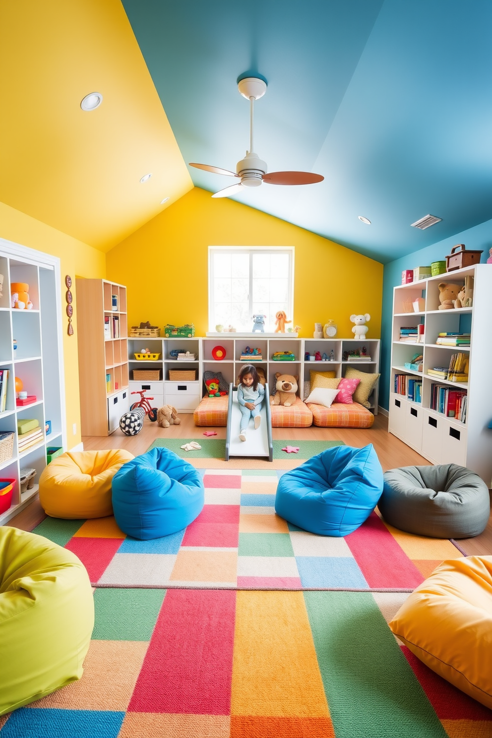 A vibrant summer playroom filled with playful energy. The room features a colorful rug with geometric patterns, soft bean bags scattered around, and a small indoor slide that leads into a cushioned play area. Walls are painted in bright hues of yellow and blue, creating a cheerful atmosphere. Shelves are lined with toys and books, while a cozy nook with pillows invites children to relax and enjoy story time.