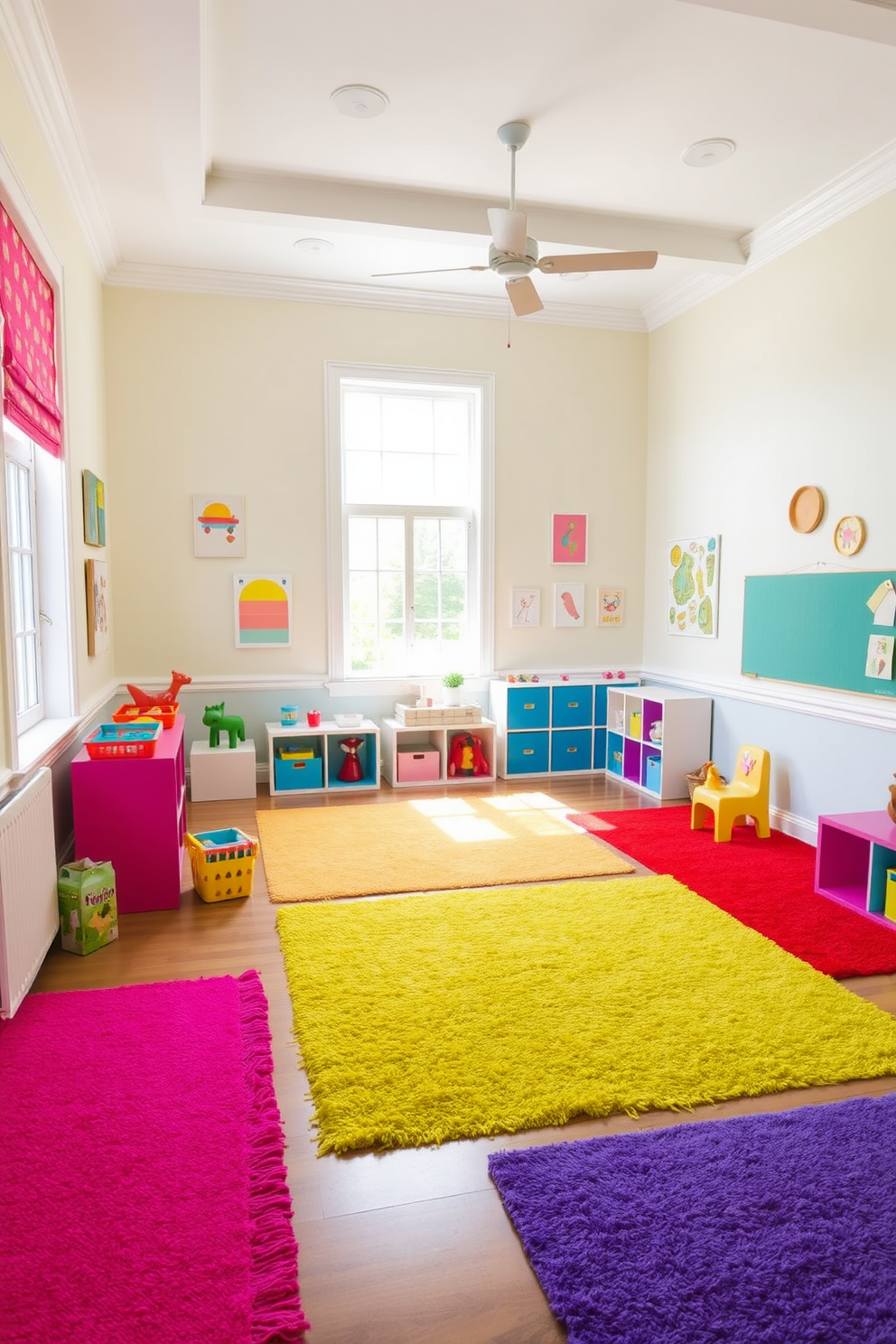 A vibrant playroom filled with natural light. Brightly colored rugs are strategically placed to define distinct play areas, creating a cheerful and inviting atmosphere. The walls are painted in soft pastel hues, complementing the playful decor. Fun wall art and storage solutions enhance the space, making it both functional and visually appealing.