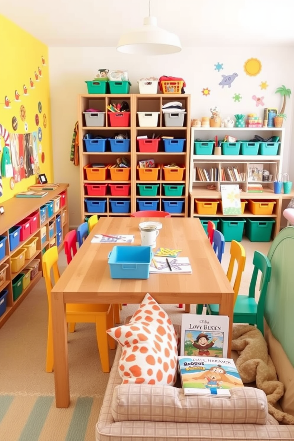 Create a craft station with organized supplies. The space features a large wooden table surrounded by colorful chairs, with bins and shelves neatly storing art materials and tools. Summer Playroom Decorating Ideas. Bright colors dominate the room, with playful wall decals and a cozy reading nook filled with cushions and summer-themed books.