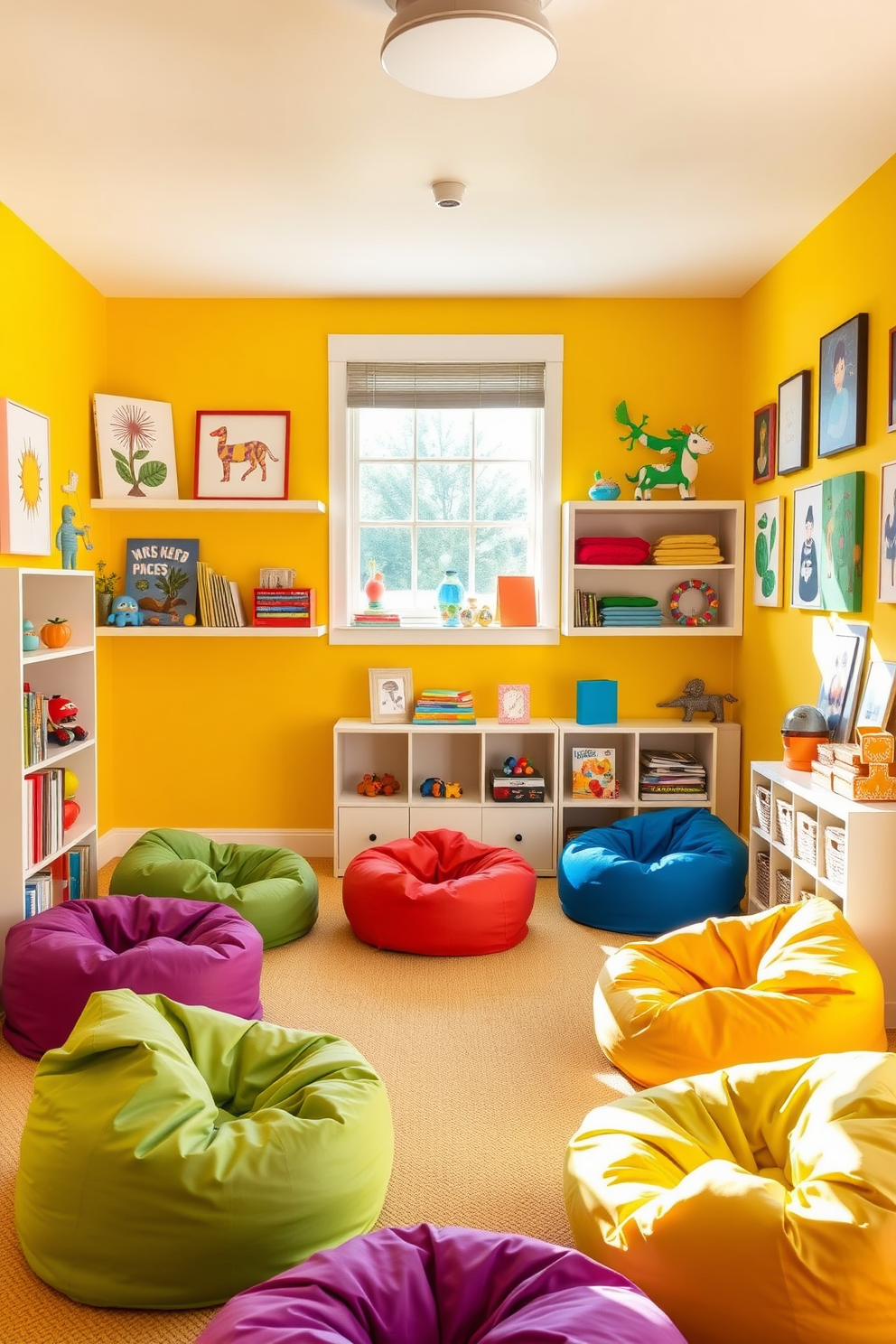 A vibrant playroom designed for summer enjoyment. The walls are painted in a bright yellow hue, and colorful bean bags are scattered across the floor. A large window allows natural light to flood the space, creating a cheerful atmosphere. Shelves are filled with toys and books, while playful art from local artists adorns the walls, adding a personal touch.