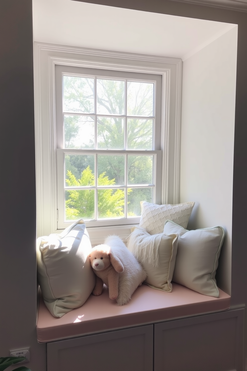 Cozy window seat adorned with plush cushions in soft pastel colors. Natural light floods the space, creating an inviting atmosphere perfect for a summer reading nook.