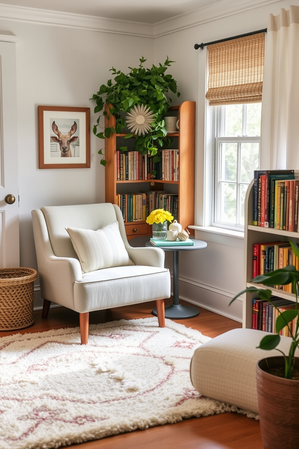 A cozy summer reading nook featuring a soft area rug that adds warmth to the space. The nook is adorned with a comfortable armchair, a small side table, and a collection of colorful books neatly arranged on a nearby shelf.