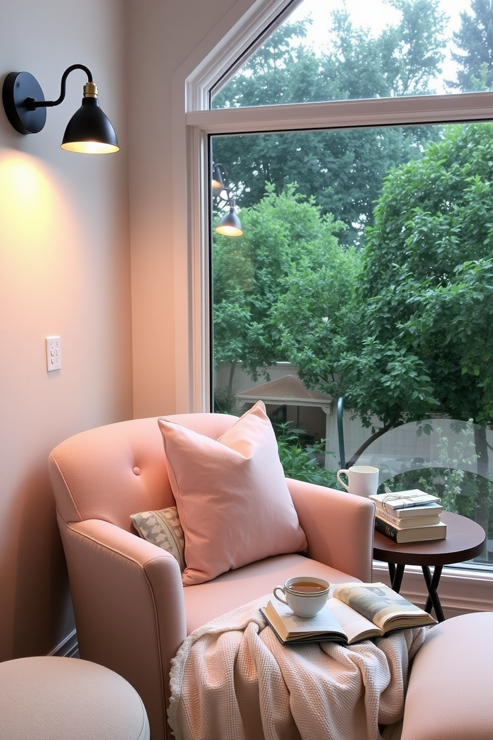 A cozy summer reading nook is designed with a plush armchair positioned near a large window that invites natural light. Wall-mounted reading lights are installed on either side of the chair, providing a warm glow for evening reading. The nook features a small side table adorned with a stack of books and a steaming cup of tea. Soft, pastel-colored throw pillows and a lightweight blanket add comfort and charm to the space.