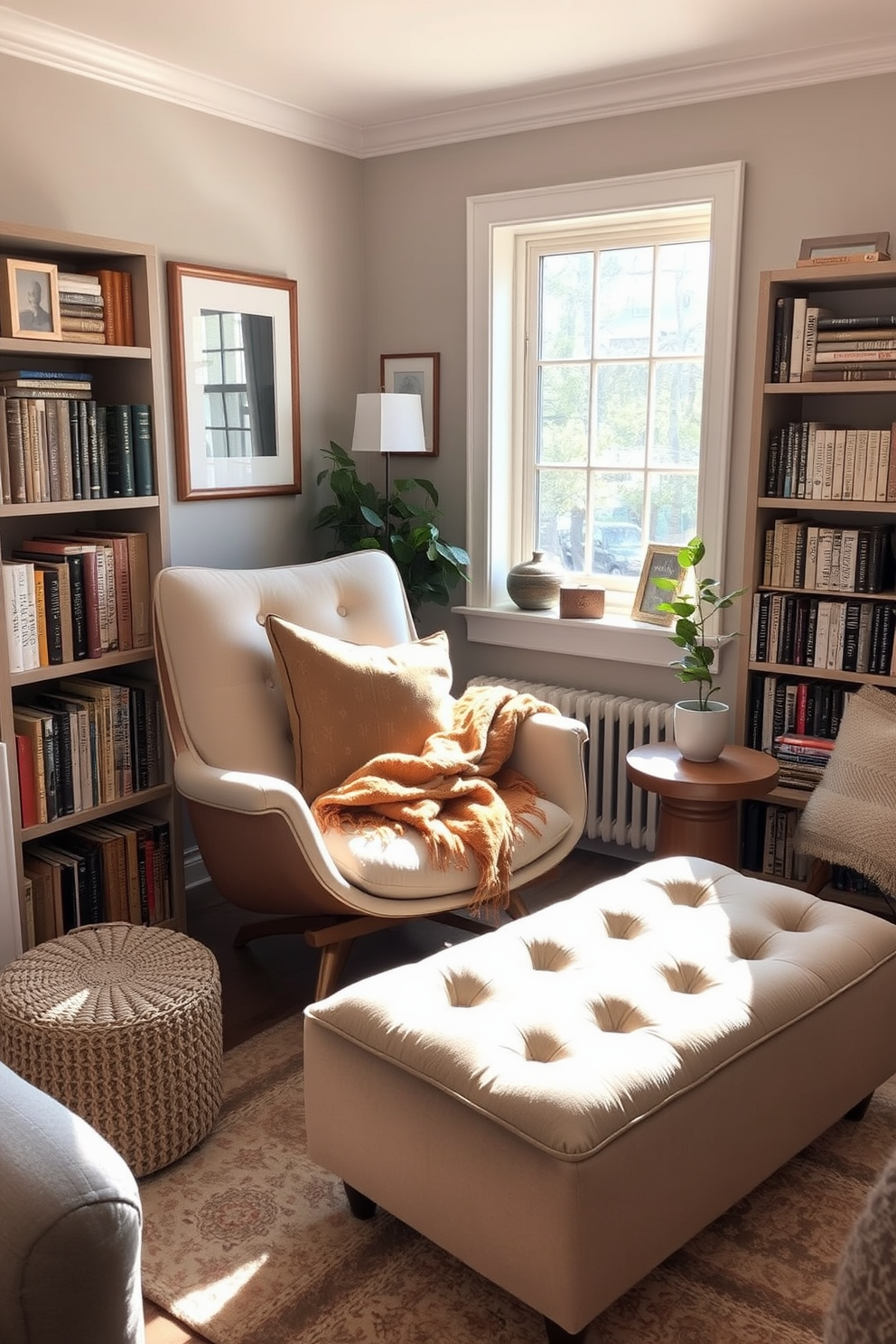 A cozy lounge chair paired with a plush ottoman creates the perfect spot for relaxation. The nook is bathed in natural light from a nearby window, with soft cushions and a warm throw blanket inviting you to unwind with a good book. Surrounding the chair are shelves filled with books and a small side table to hold your favorite beverage. The walls are adorned with calming artwork and the floor is covered with a soft area rug to enhance the comfort of the space.