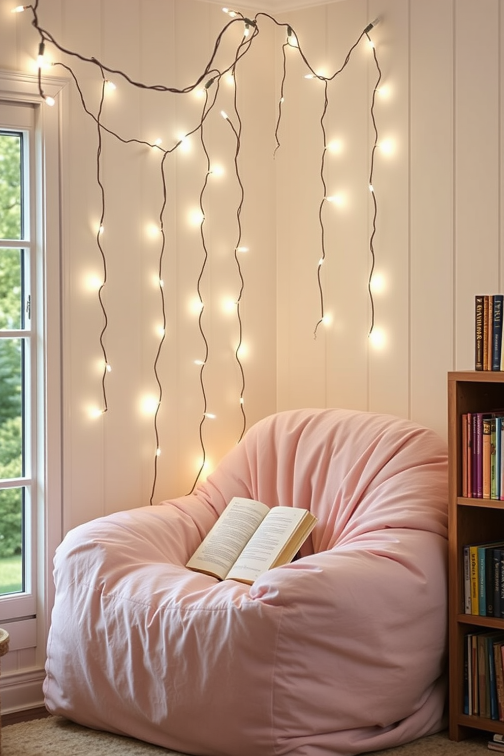 A cozy summer reading nook is adorned with whimsical fairy lights that drape gently overhead, creating a magical glow in the space. A plush oversized chair, covered in soft pastel fabric, invites relaxation while surrounded by a collection of colorful books on a nearby wooden shelf.