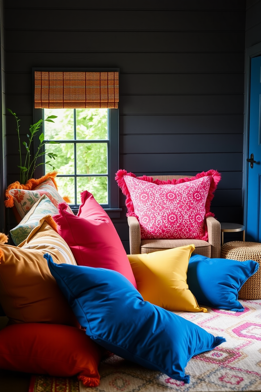 Brightly colored throw pillows in vibrant hues are scattered across a cozy reading nook. The nook features a comfortable armchair, a small side table, and a soft rug, creating an inviting space for summer reading.